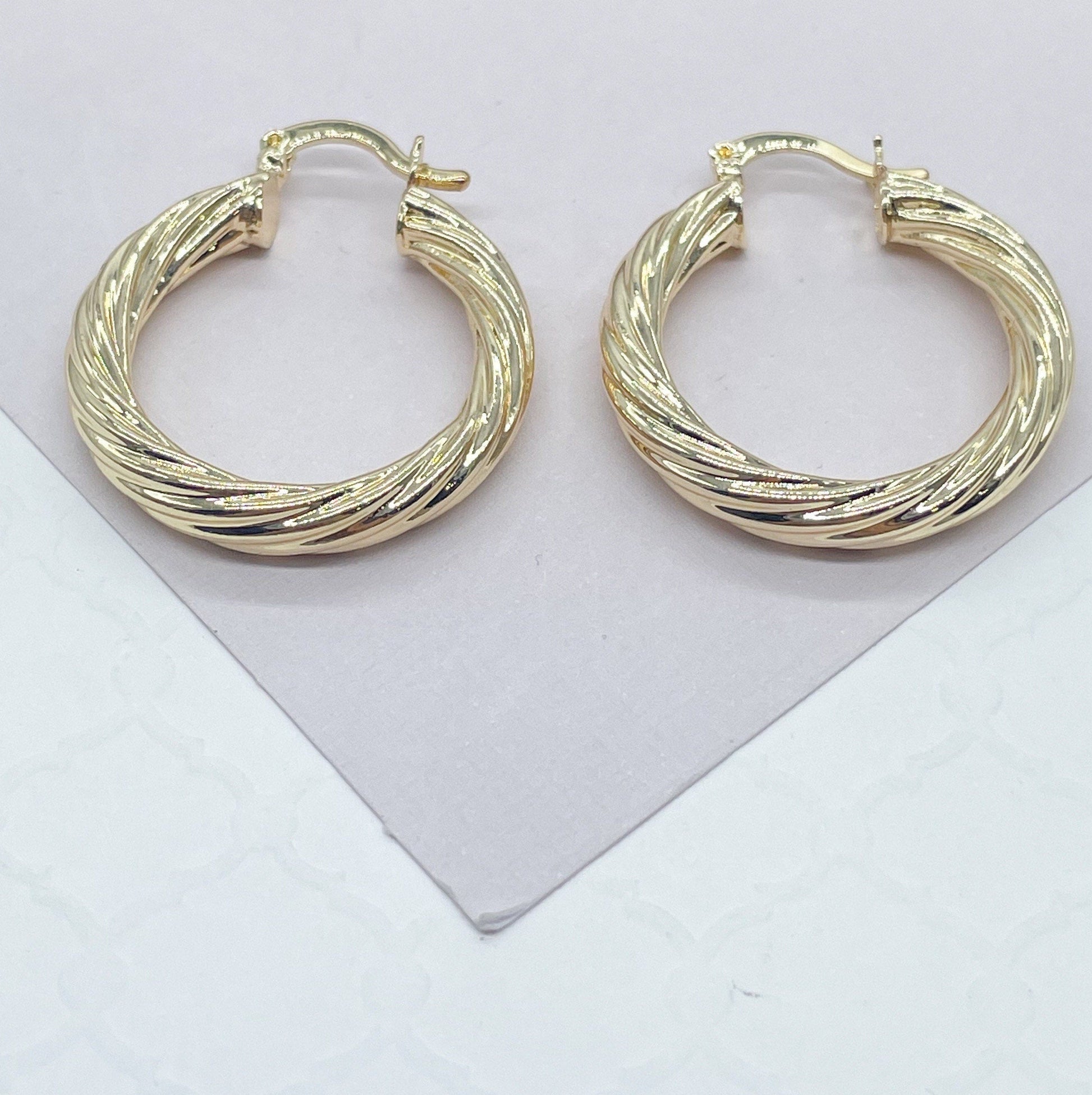 18k Gold Filled Hollow Italian Twist 5mm Thick Hoop Earrings, Gold Shiny Twisted