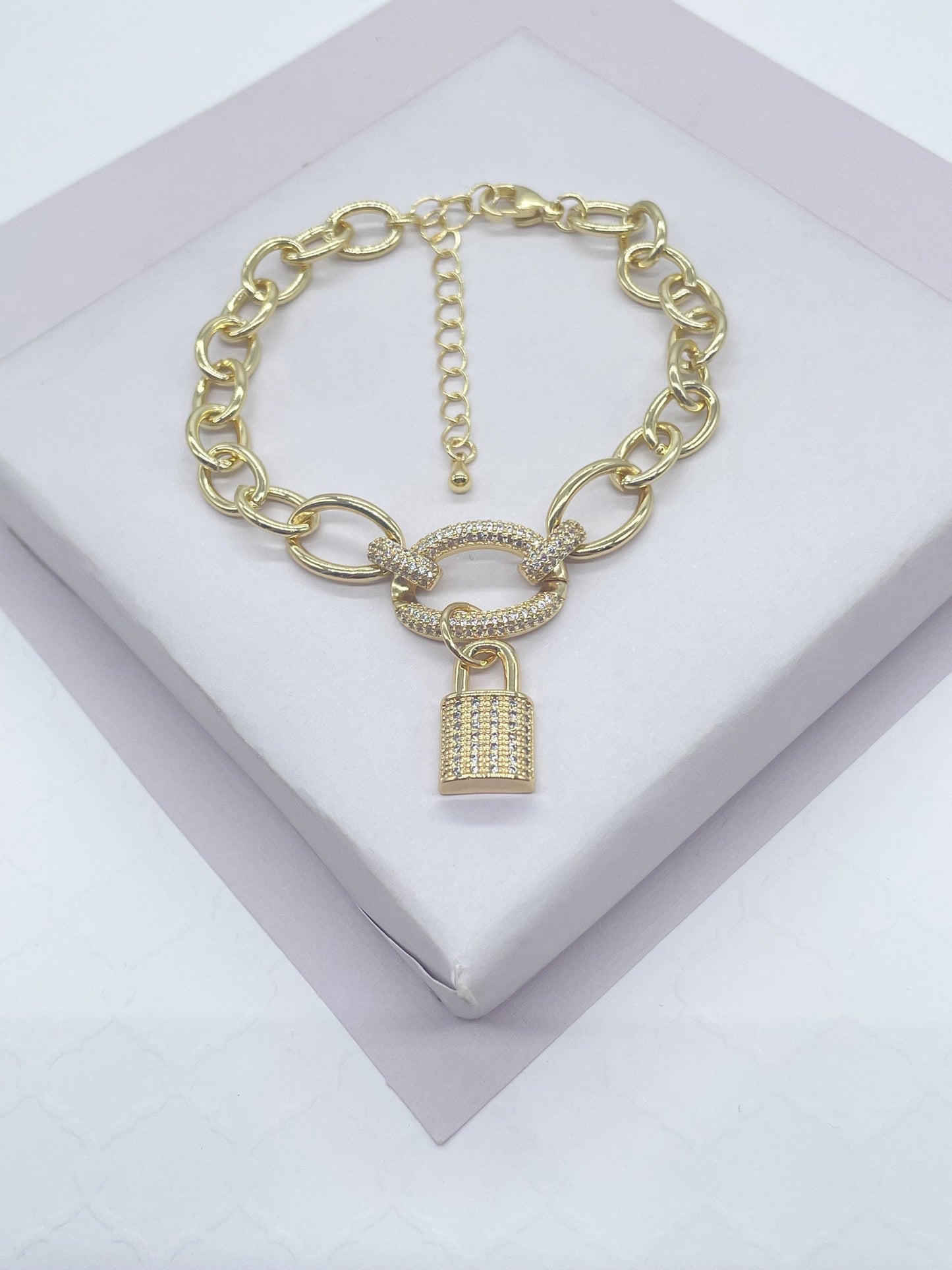 18k Gold Filled Lock Charm Bracelet: Chunky Cubic Zirconia Chain