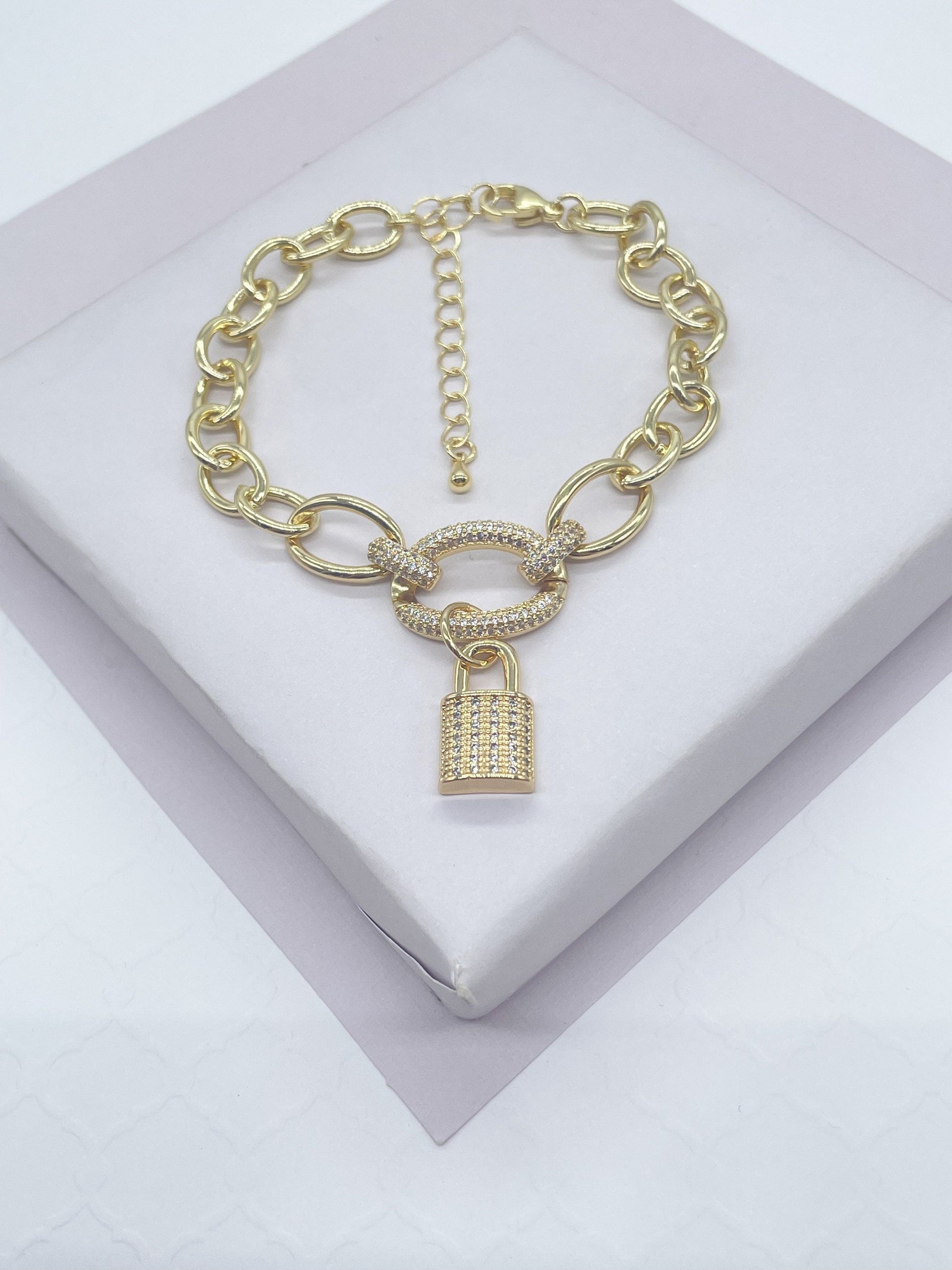 18k Gold Filled Lock Charm Bracelet: Chunky Cubic Zirconia Chain