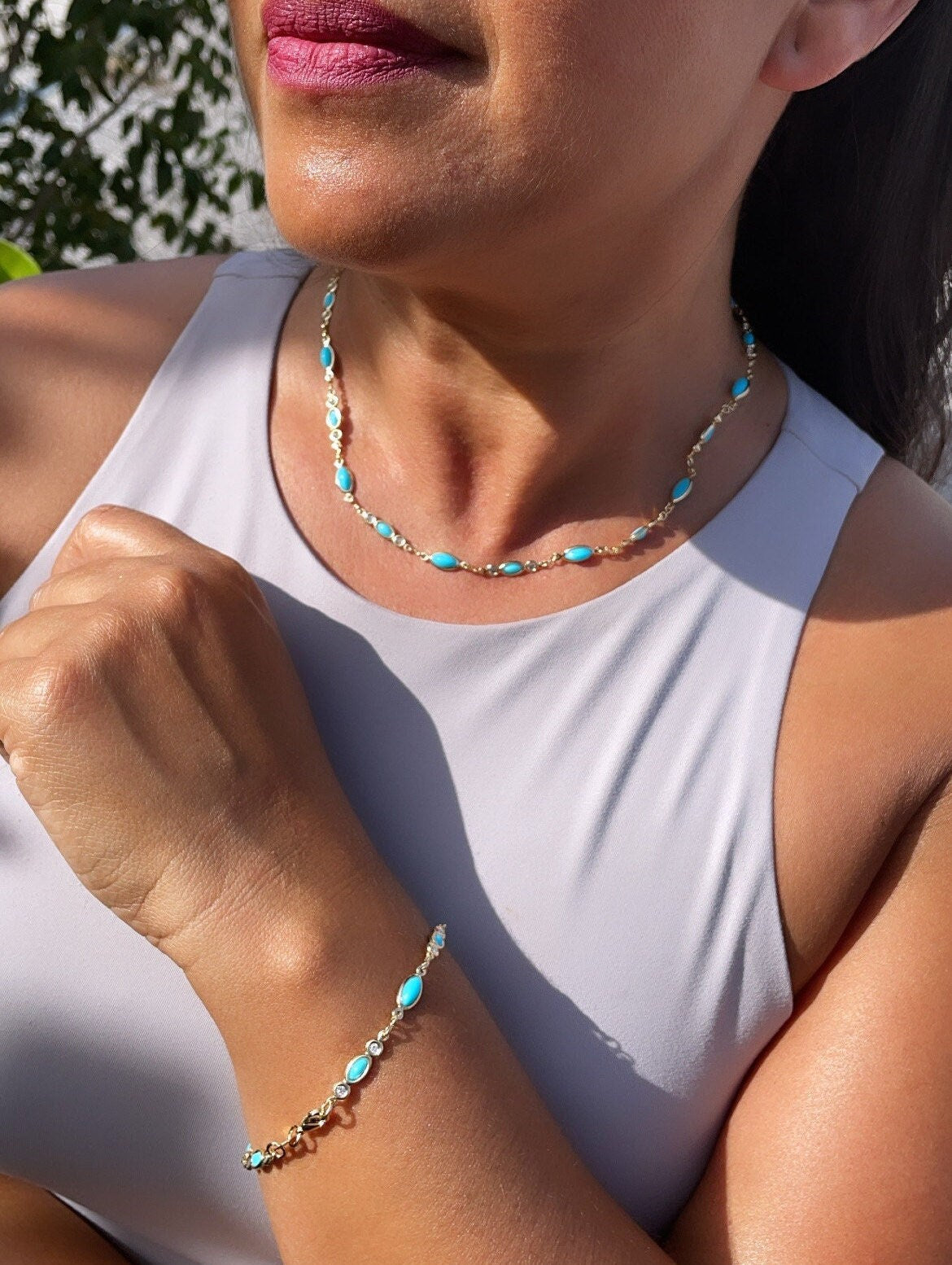 18k Gold Filled Jewelry Set With Cubic Zirconia and Simulated Turquoise Blue