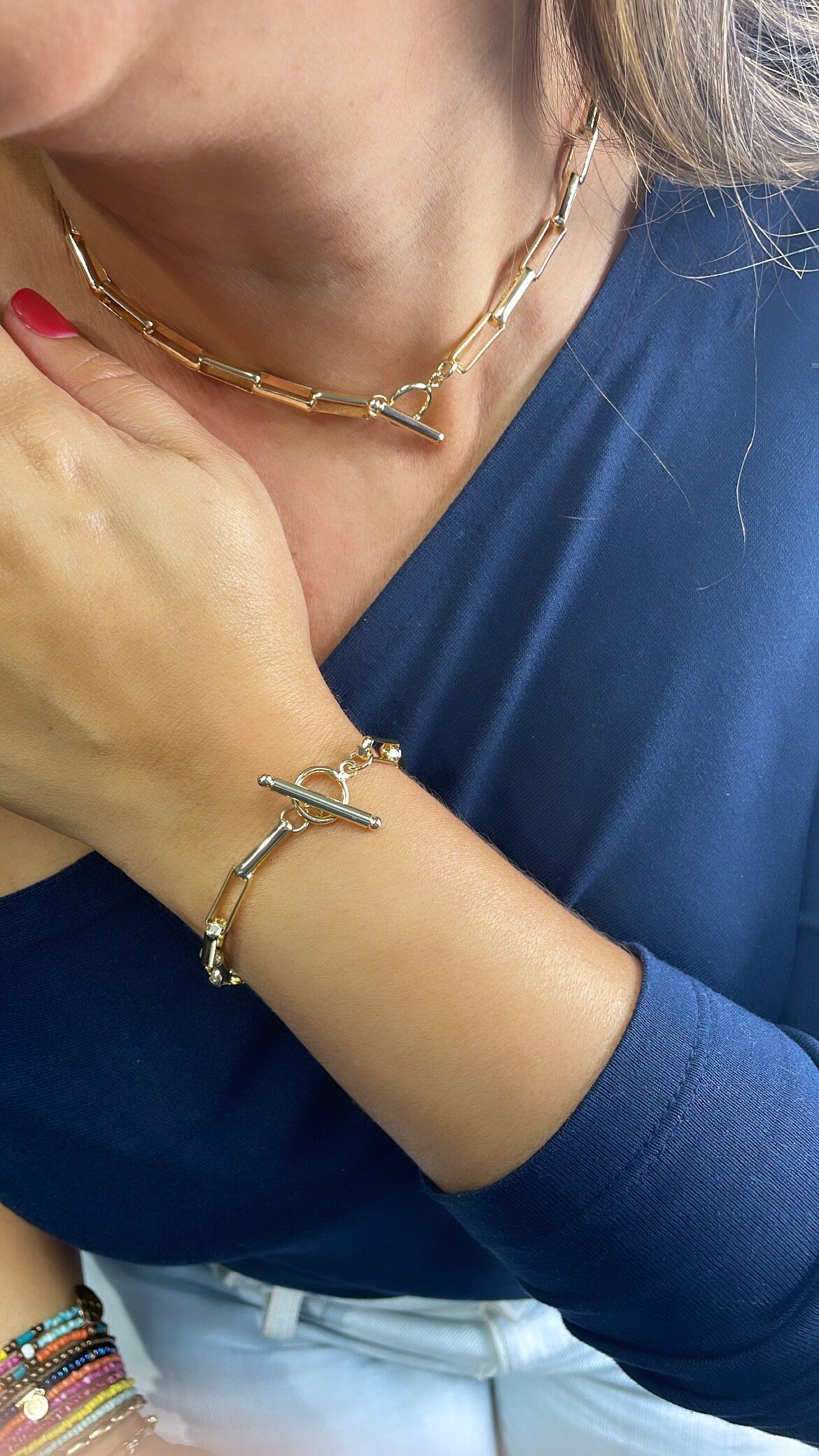 18k Gold Filled Smooth Long Paper Clip Set With Toggle Enclosure