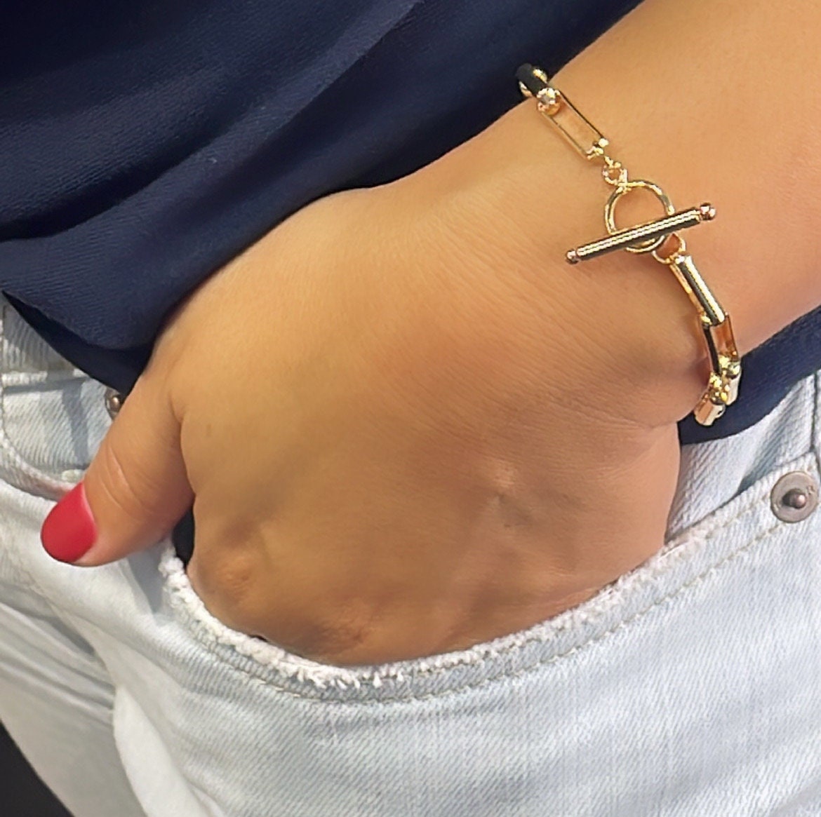 18k Gold Filled Smooth Long Paper Clip Set With Toggle Enclosure