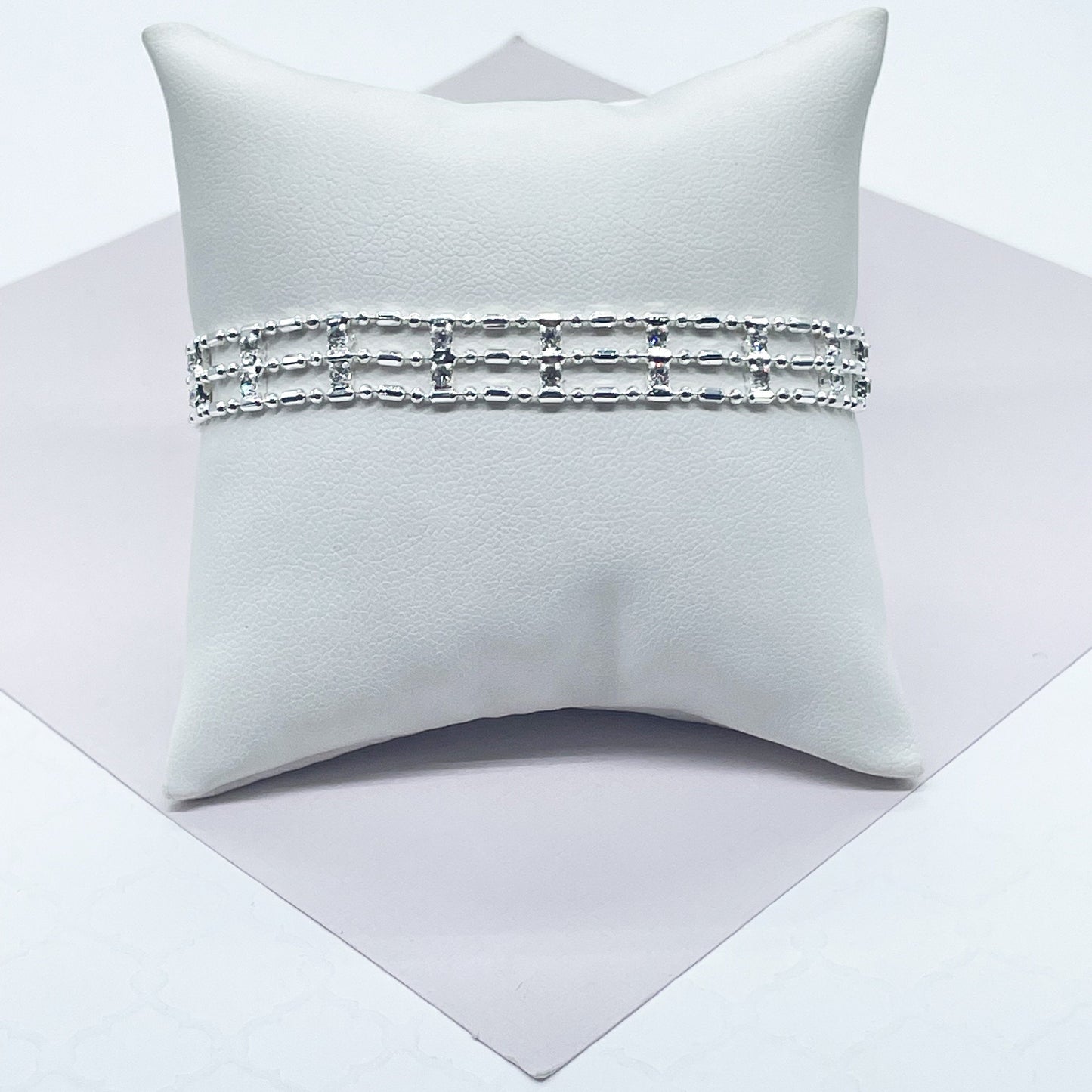 18k Silver Filled Silver 3 layered Dash & Dot Bracelet Patterned With Zirconia Stones