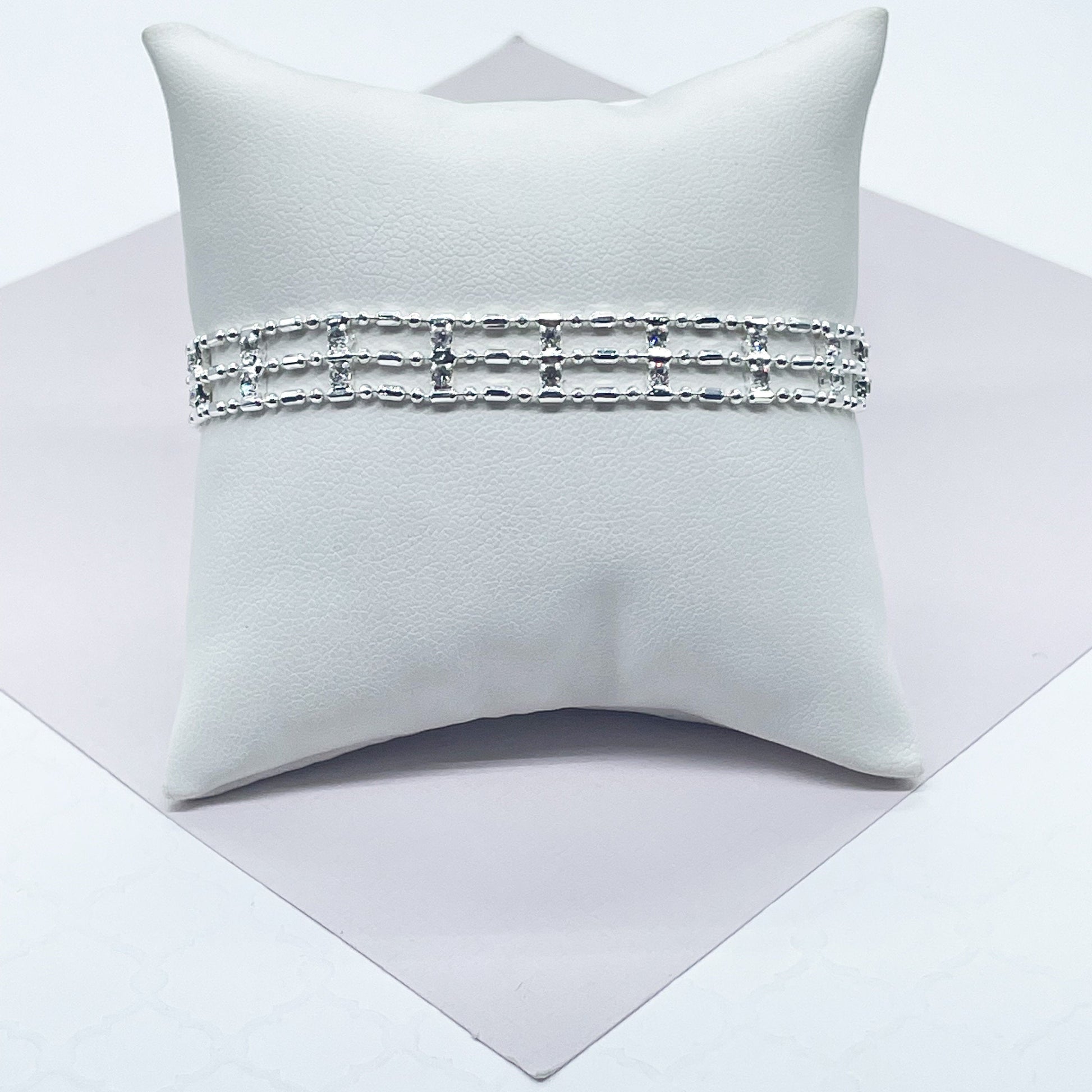 18k Silver Filled Silver 3 layered Dash & Dot Bracelet Patterned With Zirconia Stones