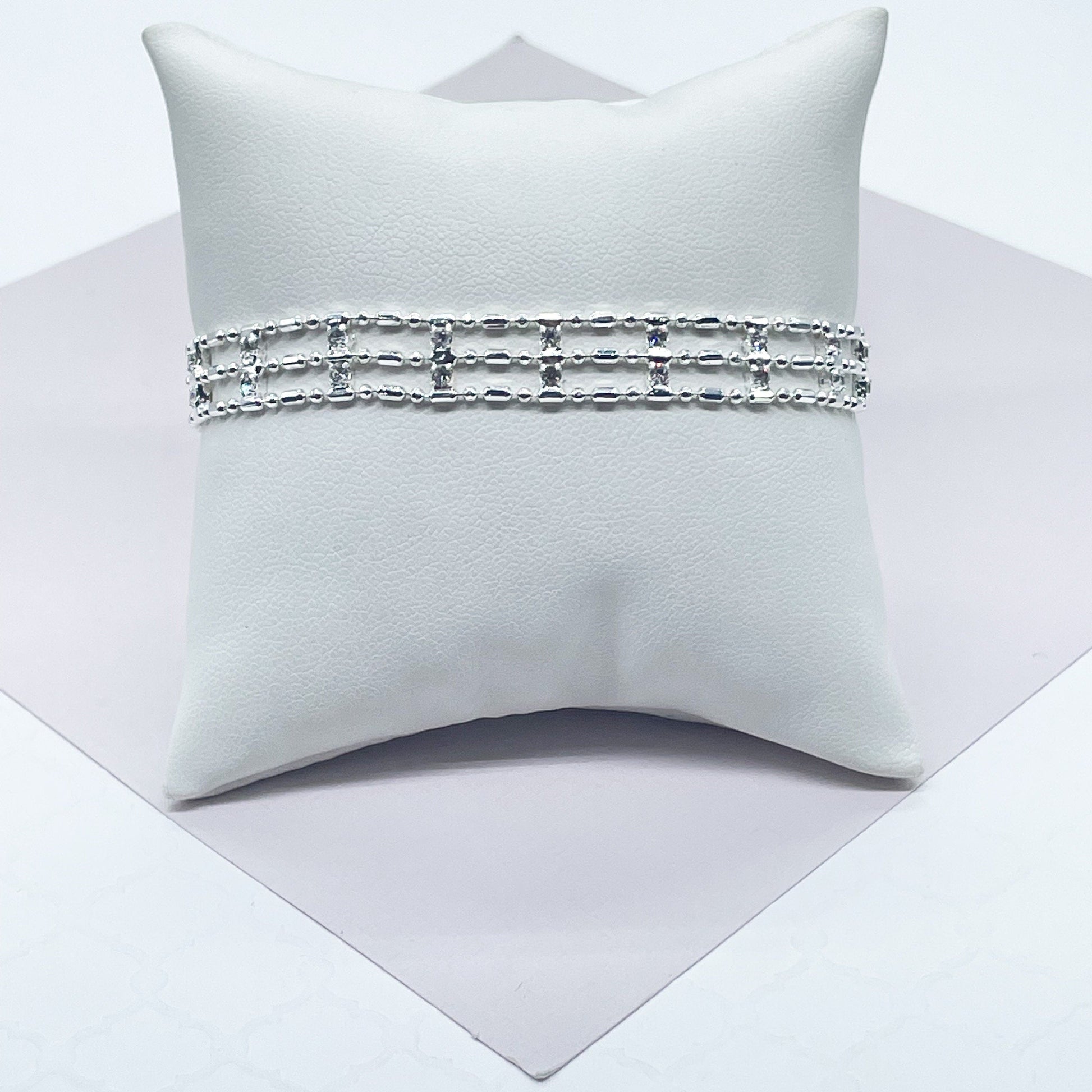 18k Silver Filled Silver 3 layered Dash & Dot Bracelet Patterned With Zirconia Stones