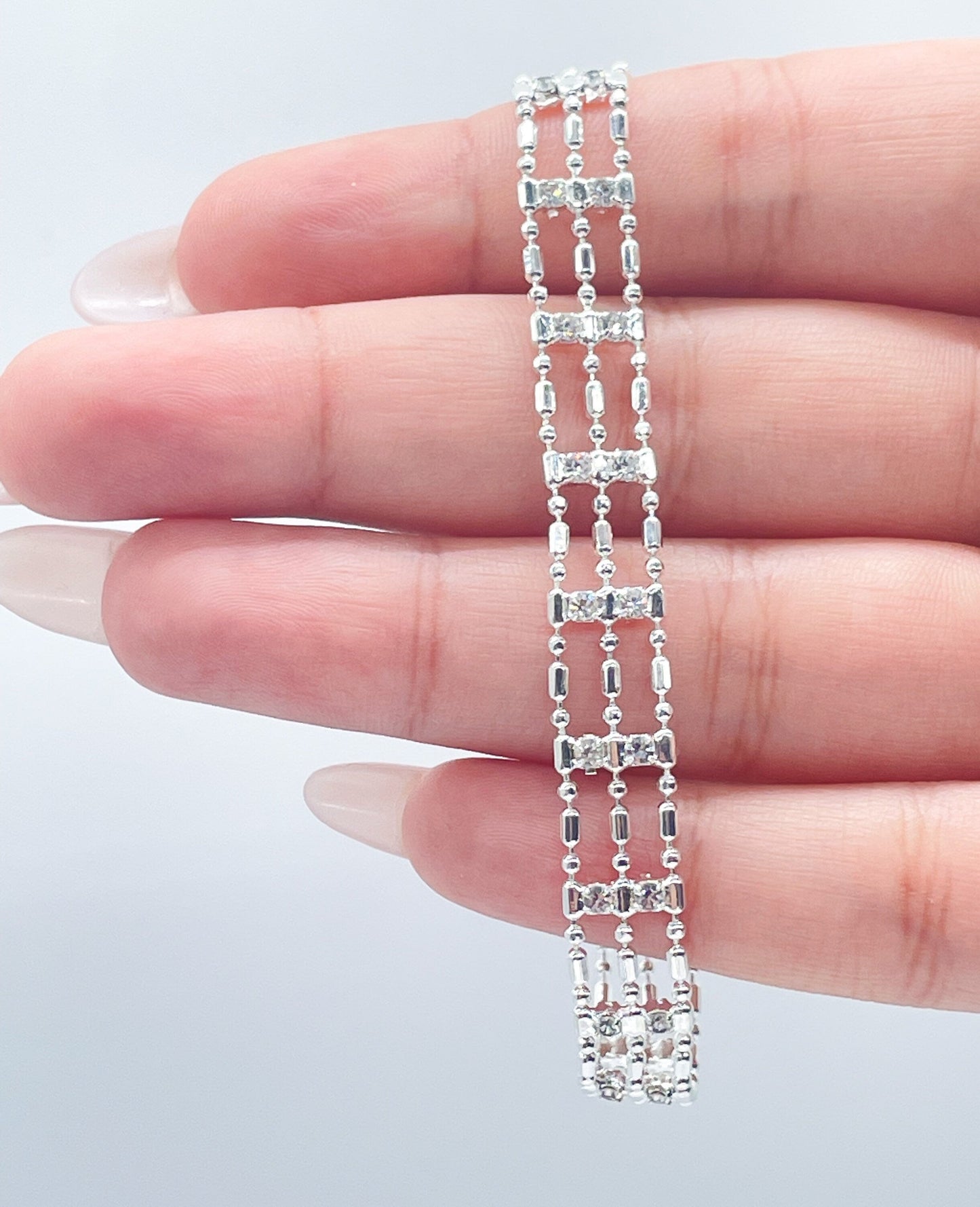 18k Silver Filled Silver 3 layered Dash & Dot Bracelet Patterned With Zirconia Stones