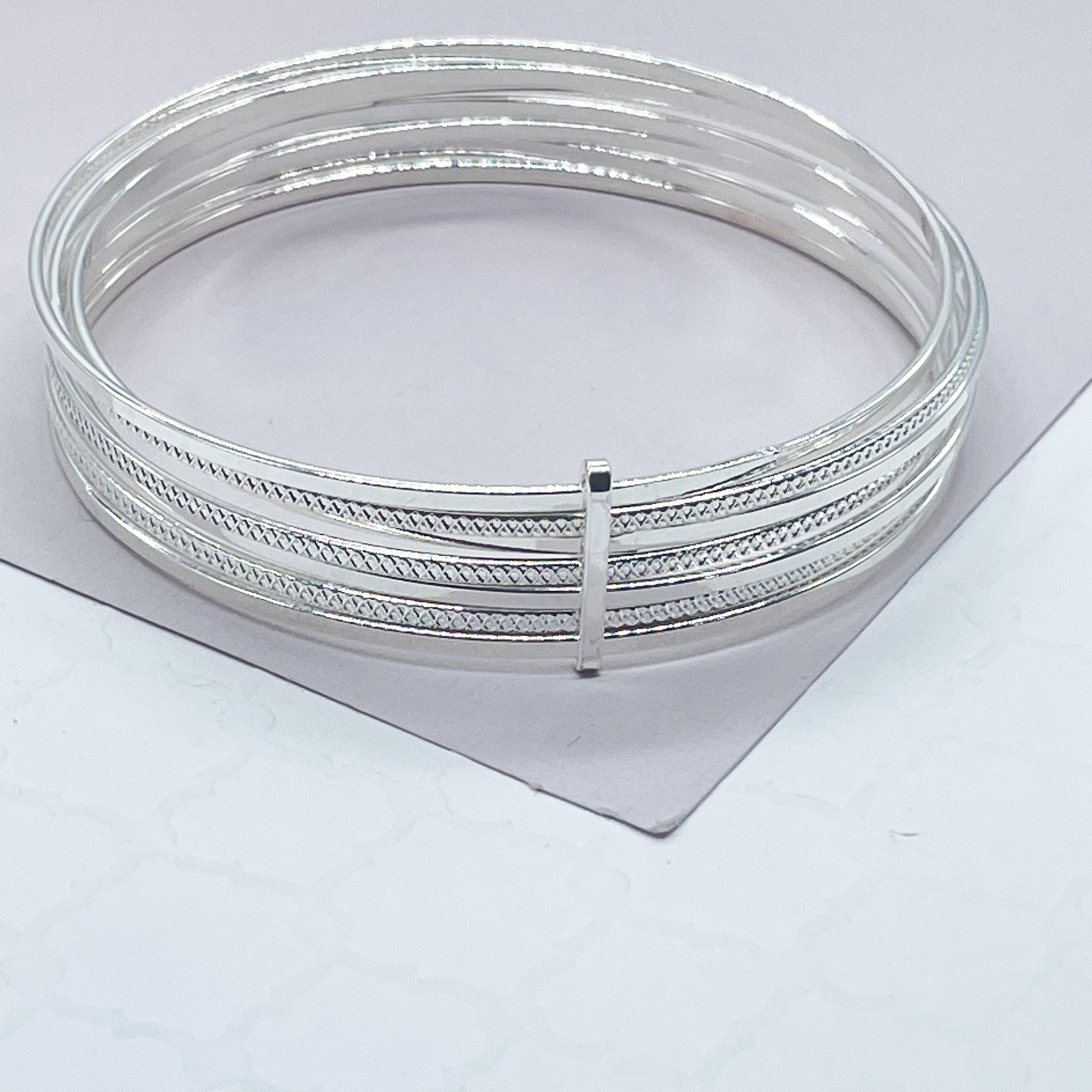 18k Silver Filled Silver Bangle Bracelet With Smooth and Textured Thin Layers