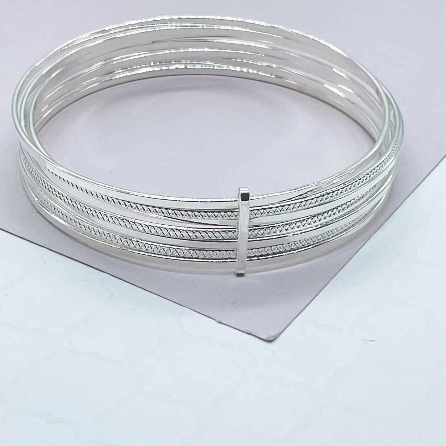 18k Silver Layered Silver Bangle Bracelet With Smooth and Textured Thin Layers