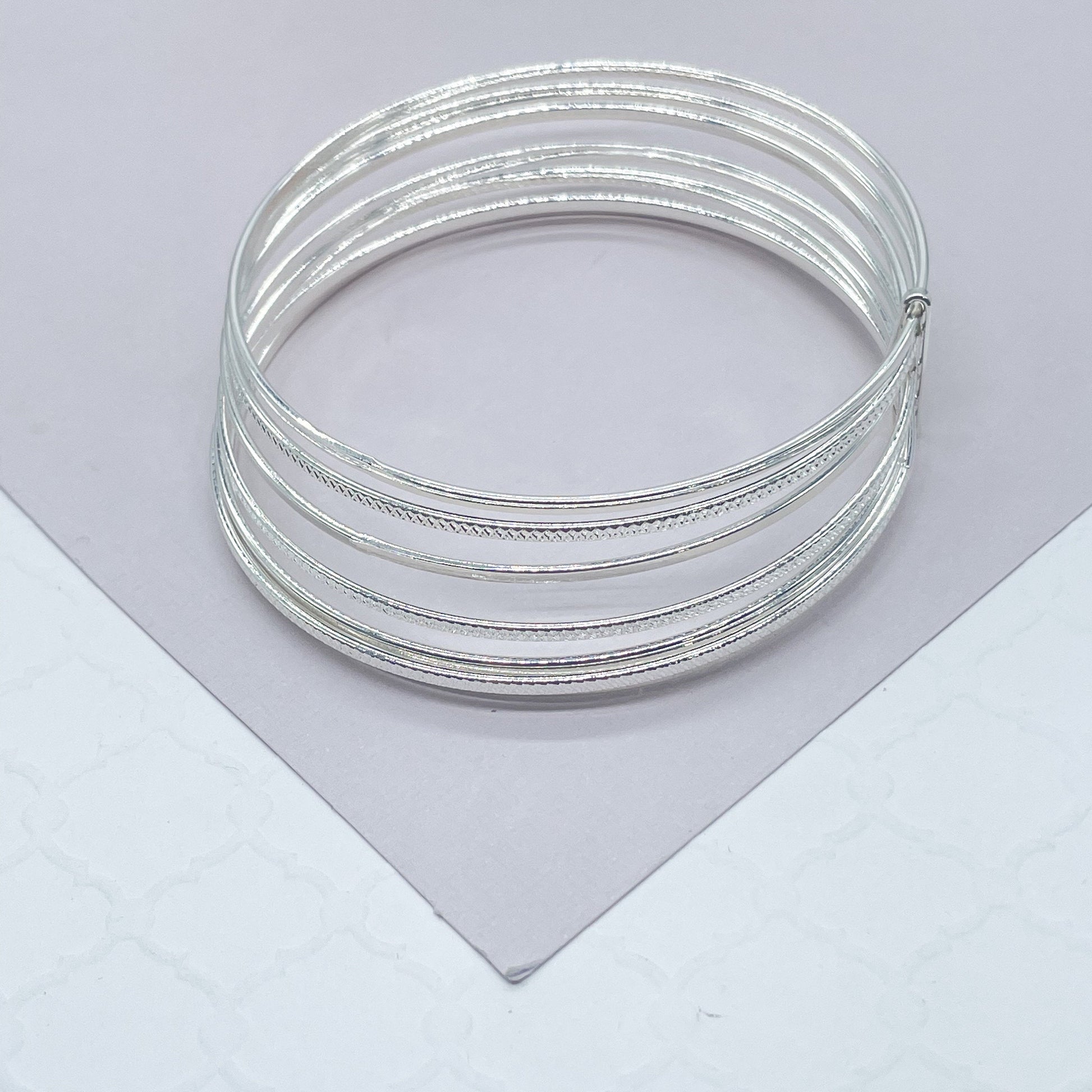 18k Silver Filled Silver Bangle Bracelet With Smooth and Textured Thin Layers