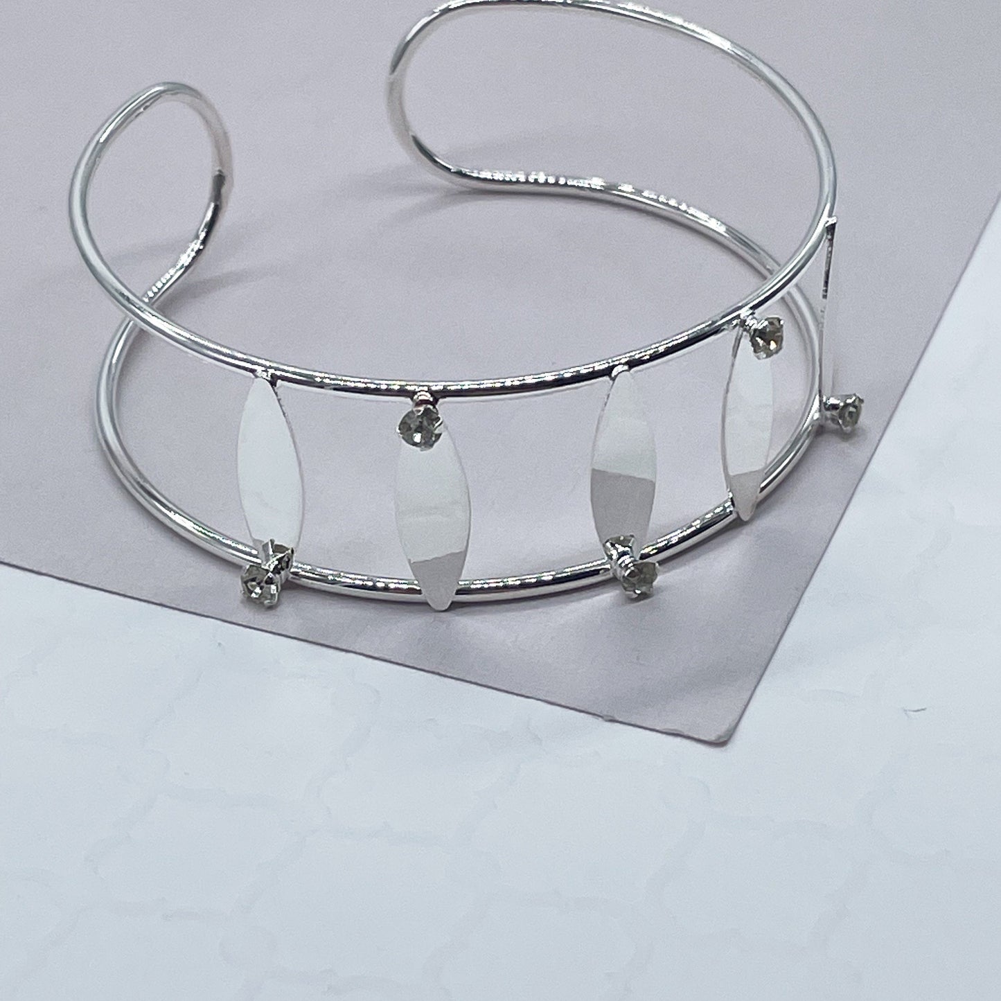 18k Silver Filled See Through Bangle Bracelet, Patterned With Silver Pieces & Zirconia