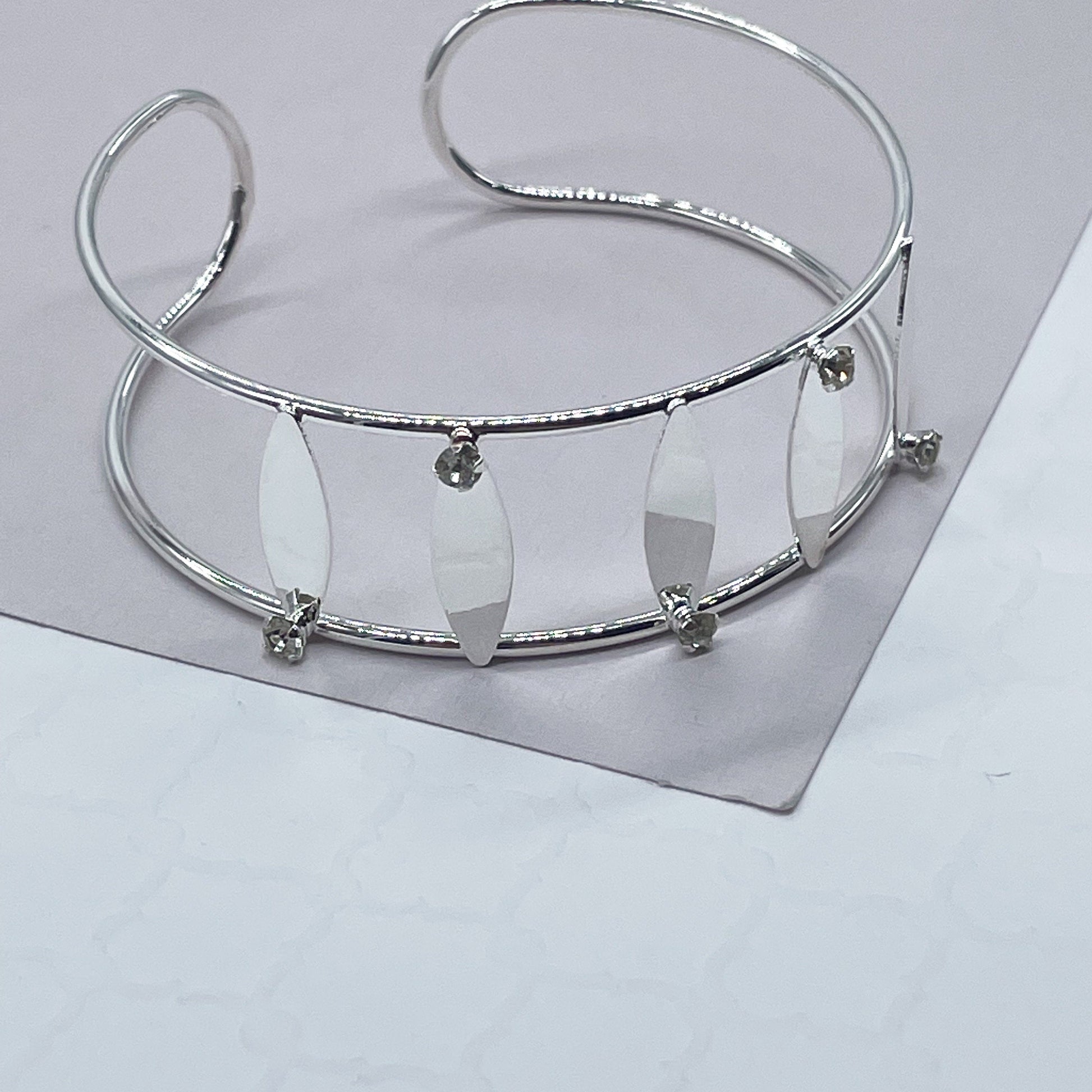 18k Silver Filled See Through Bangle Bracelet, Patterned With Silver Pieces & Zirconia