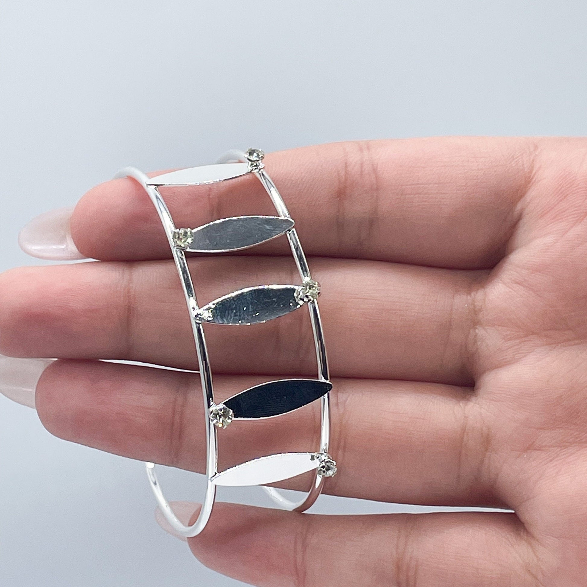 18k Silver Filled See Through Bangle Bracelet, Patterned With Silver Pieces & Zirconia