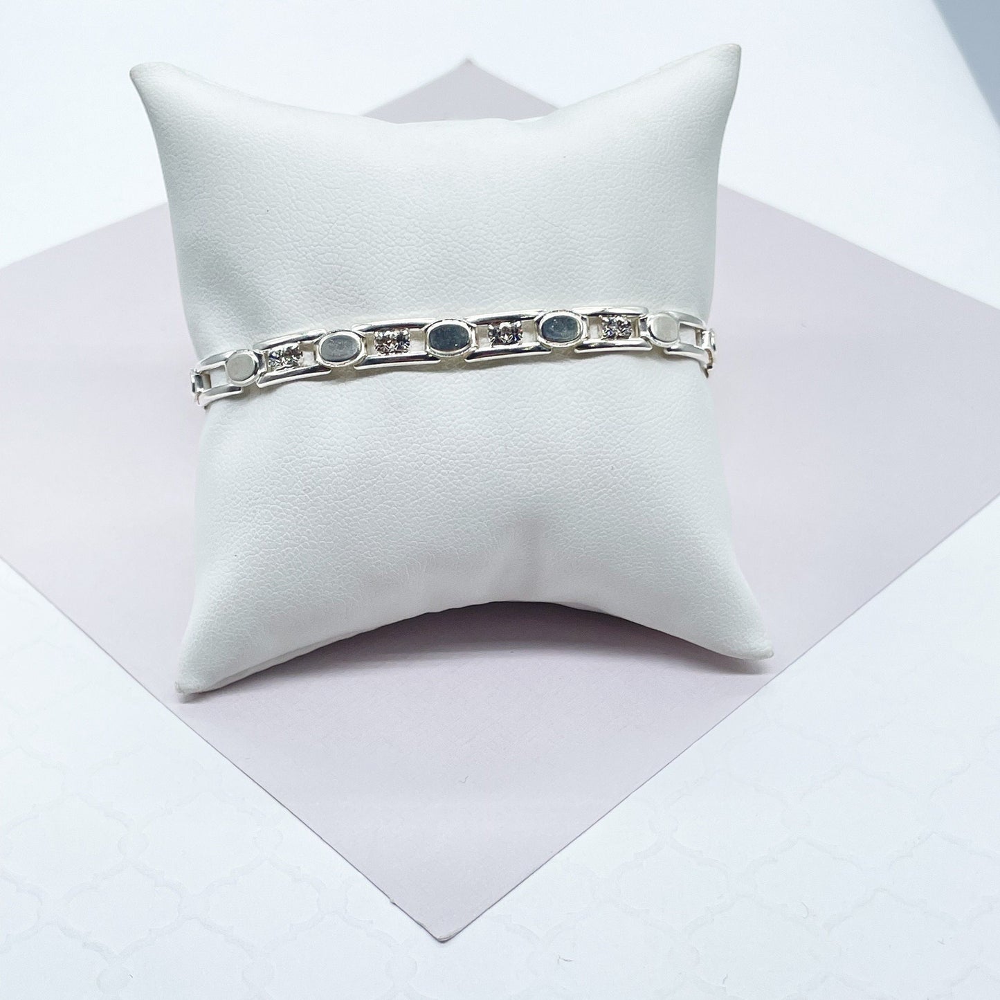 18k Silver Filled Link Bracelet Patterned With Zirconia