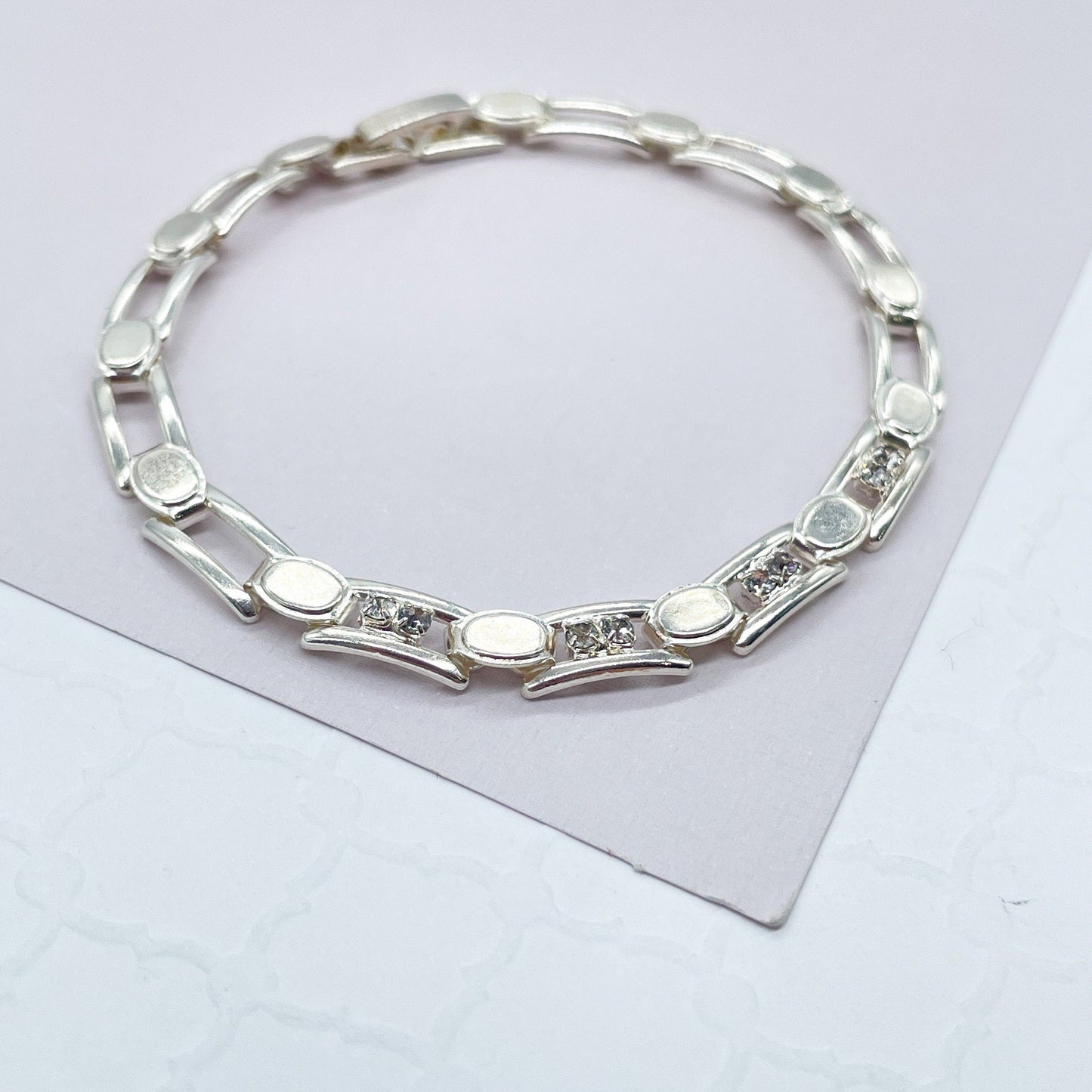 18k Silver Filled Link Bracelet Patterned With Zirconia