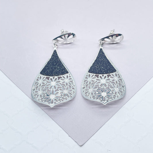 Silver Filled Tear Drop Dangling Earrings with Sparkling Black Detail