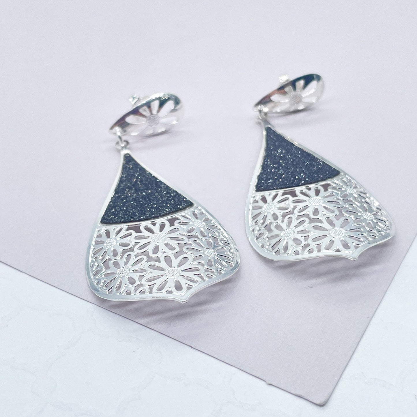 Silver Filled Tear Drop Dangling Earrings with Sparkling Black Detail
