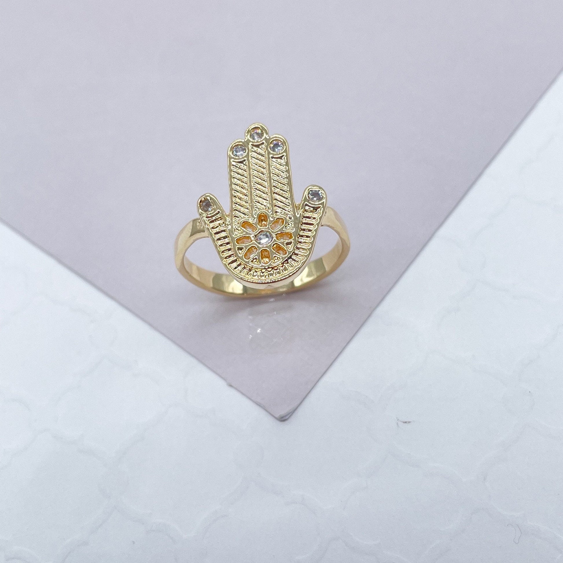 18k Gold Filled Hamsa Ring: Daisy Flower, Micro Pave Zirconia