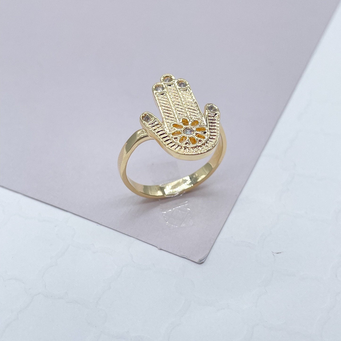 18k Gold Filled Hamsa Ring: Daisy Flower, Micro Pave Zirconia