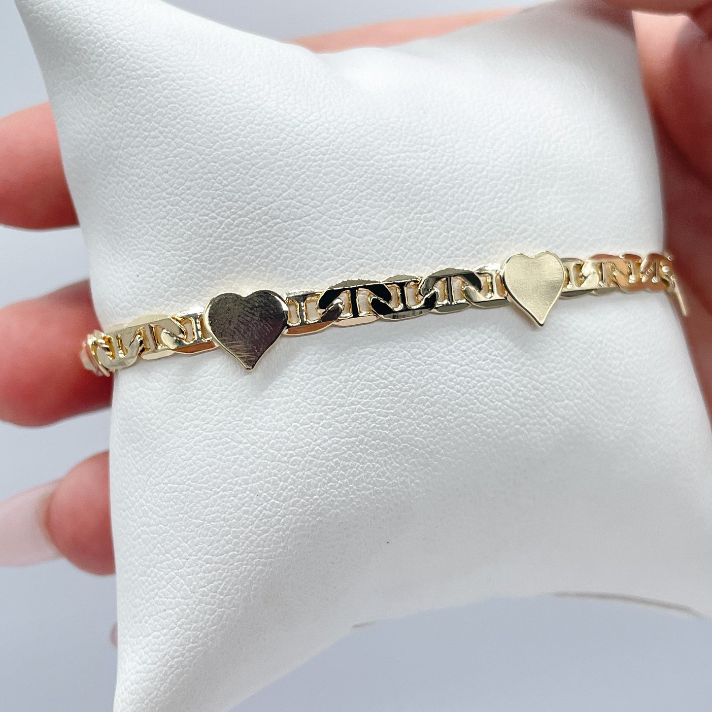 18k Gold Filled Mariner Link Bracelet With Stamped HeartsWholesale Jewelry Supplies