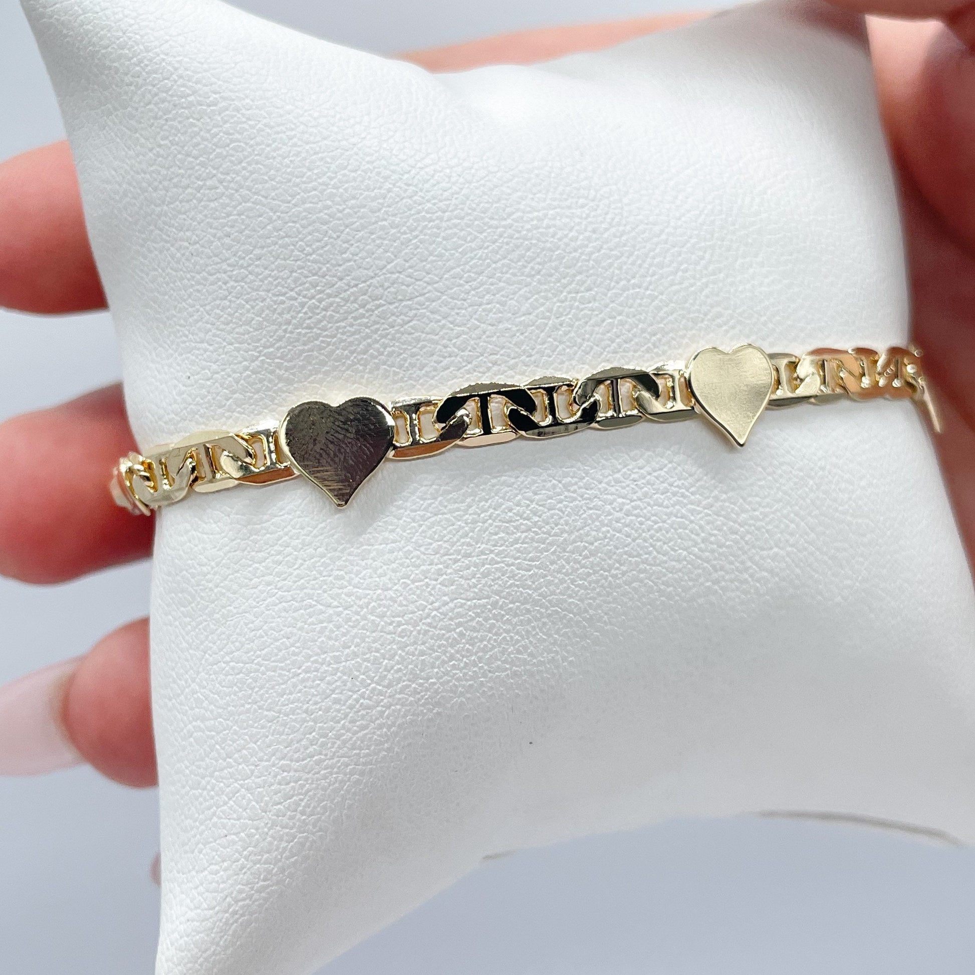 18k Gold Filled Mariner Link Bracelet With Stamped HeartsWholesale Jewelry Supplies