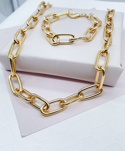 18k Gold Filled 10mm Thick Paper Clip Set necklace and bracelet Wholesale Jewelry Supplies