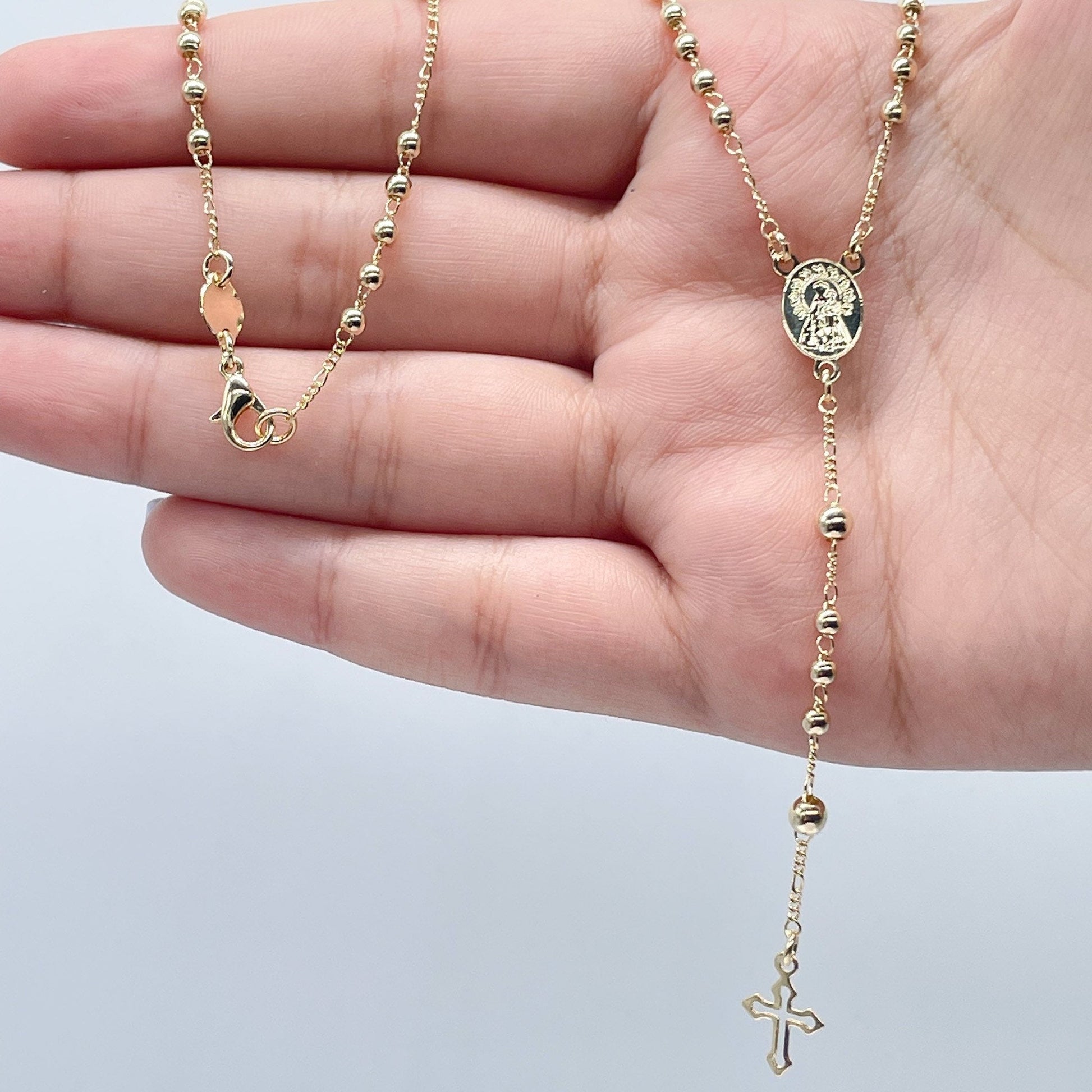 18k Gold Filled 3mm beaded Rosary with small round Virgin Mary Medal and Tiny cross