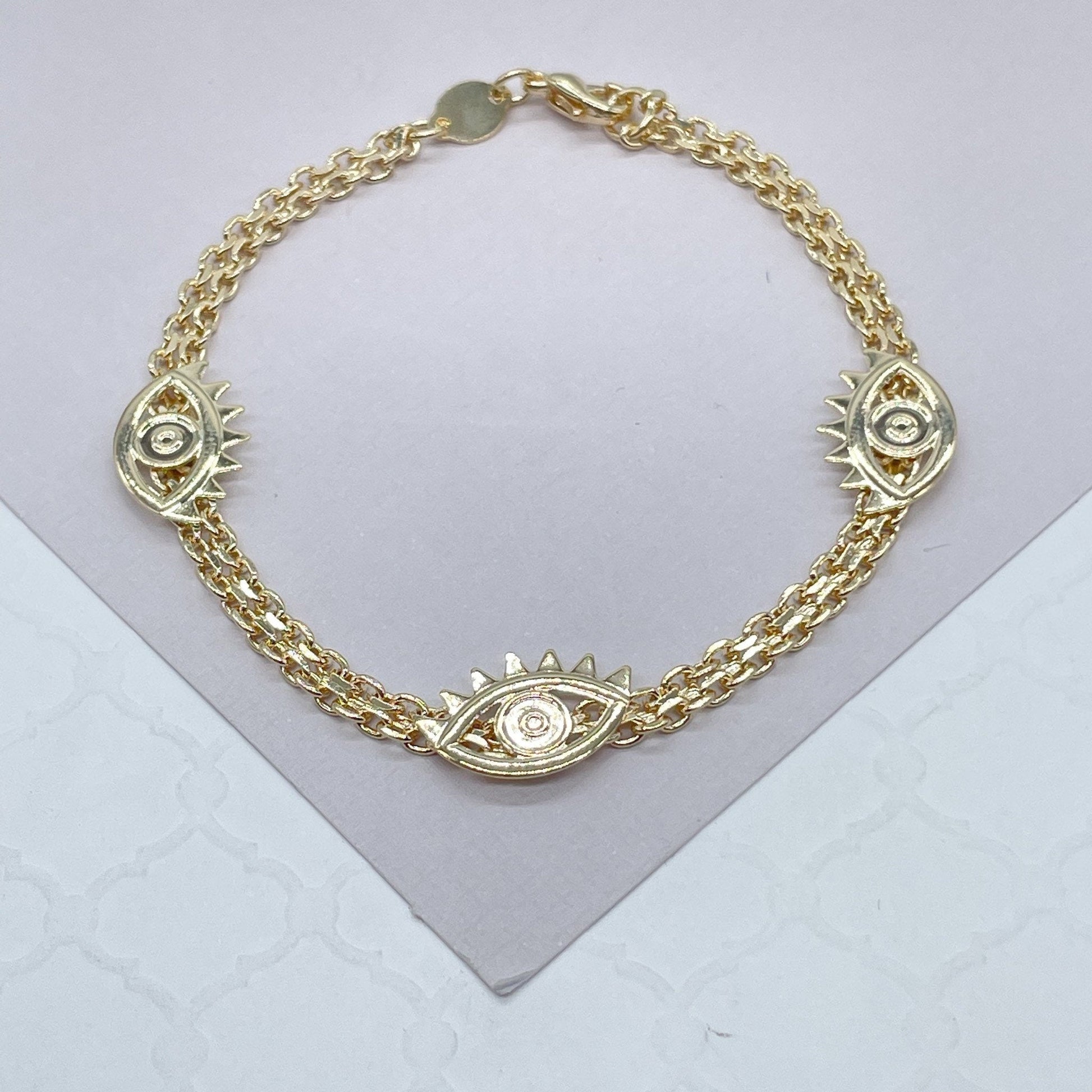 18k Gold Filled Bracelet with three plain Evil Eye Charms
