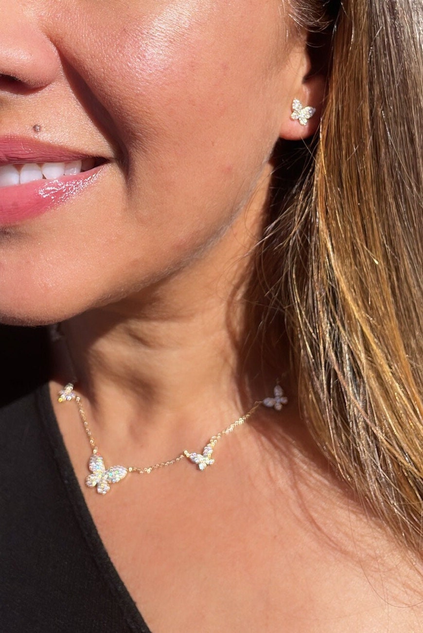 18k Gold Filled Micro Pave Butterfly Set With Earrings & Necklace