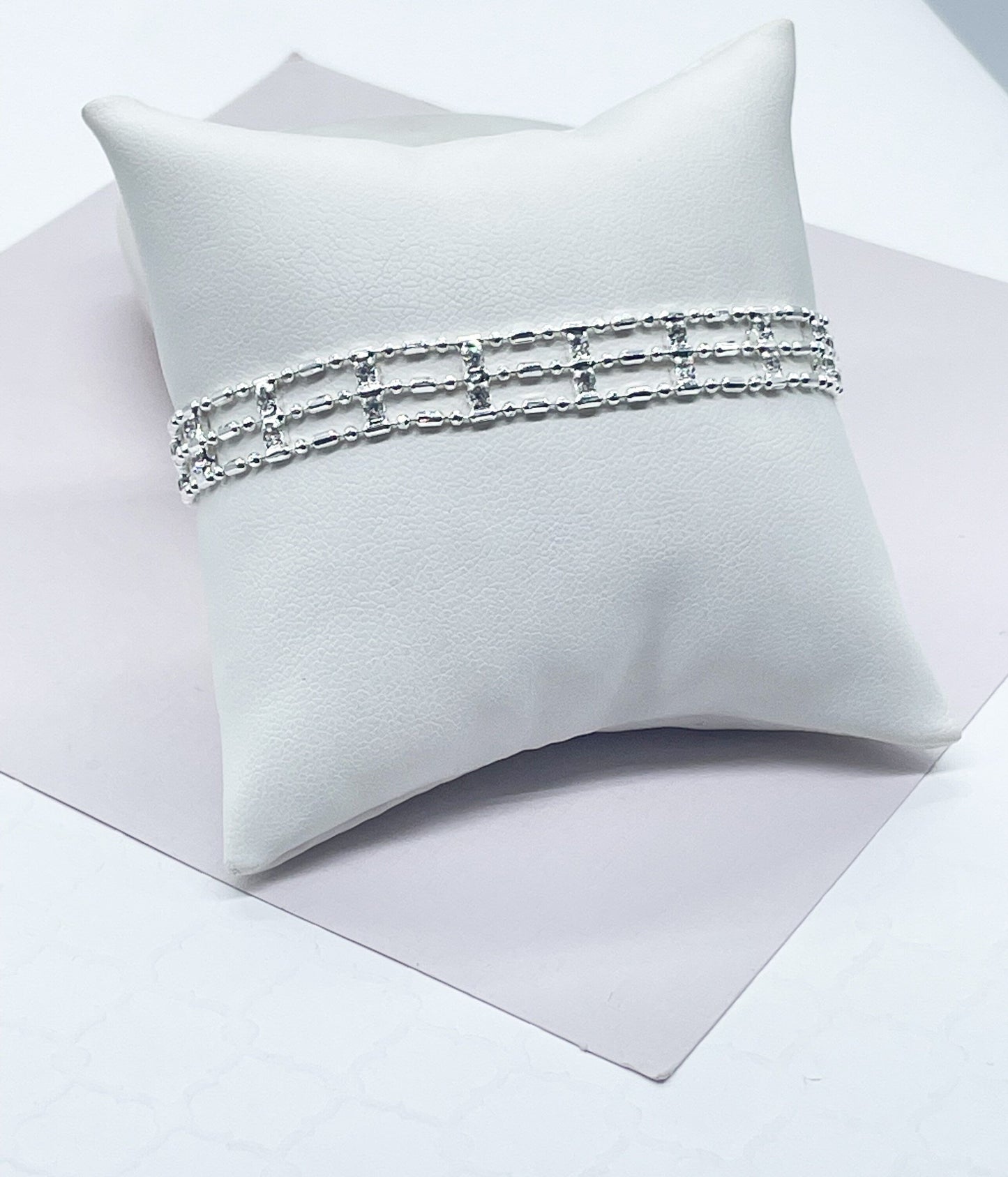 18k Silver Filled Silver 3 layered Dash & Dot Bracelet Patterned With Zirconia Stones