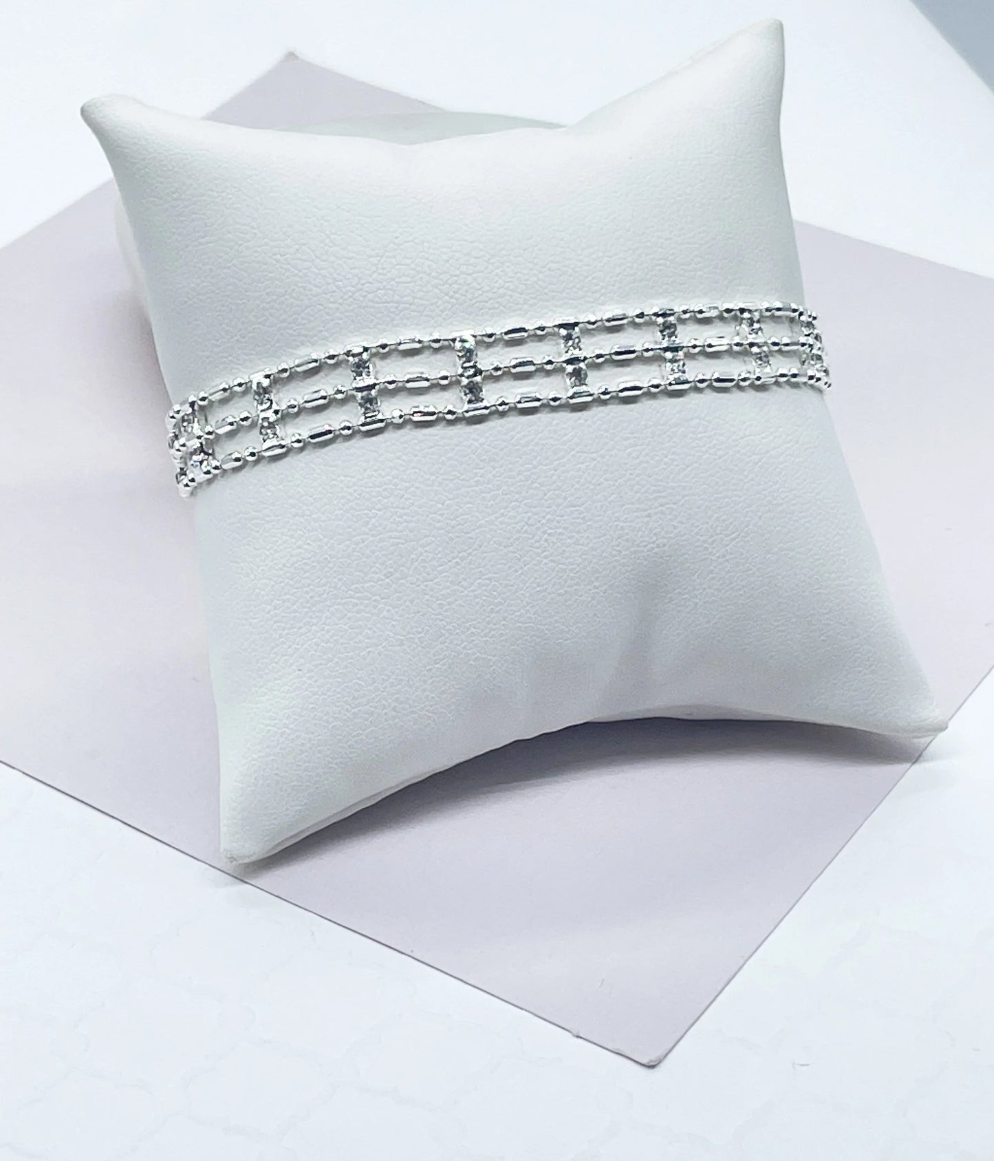 18k Silver Layered Silver 3 layered Dash & Dot Bracelet Patterned With Zirconia Stones