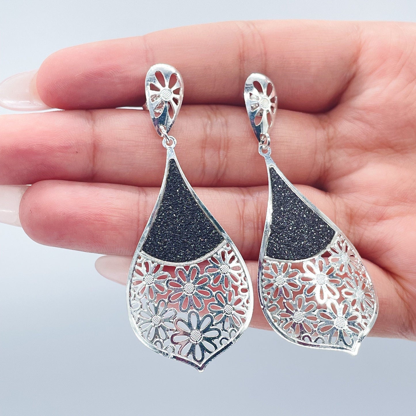 Silver Filled Tear Drop Dangling Earrings with Sparkling Black Detail