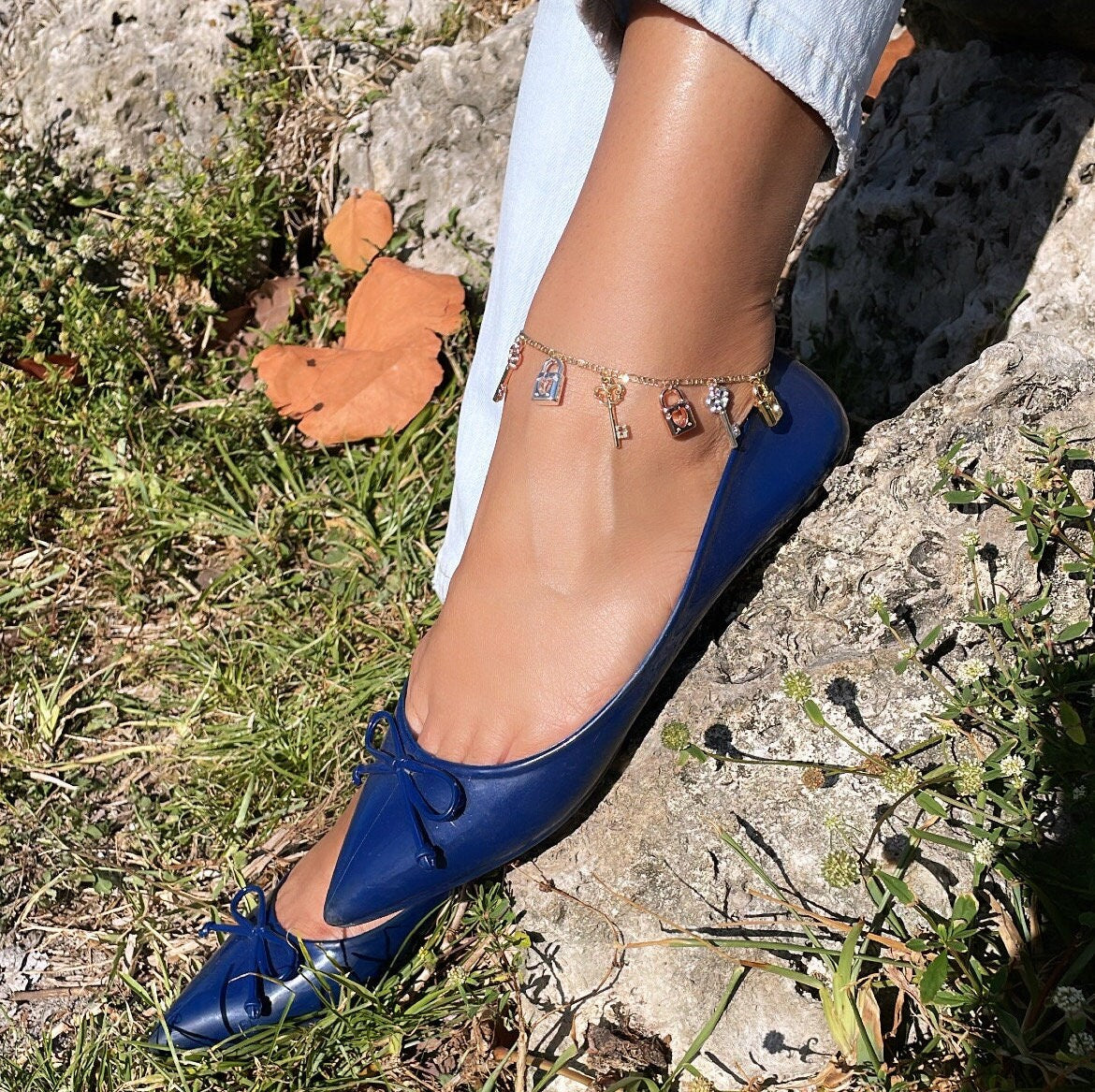 18k Gold Filled Tri-Color Lock & Key Charms Anklet