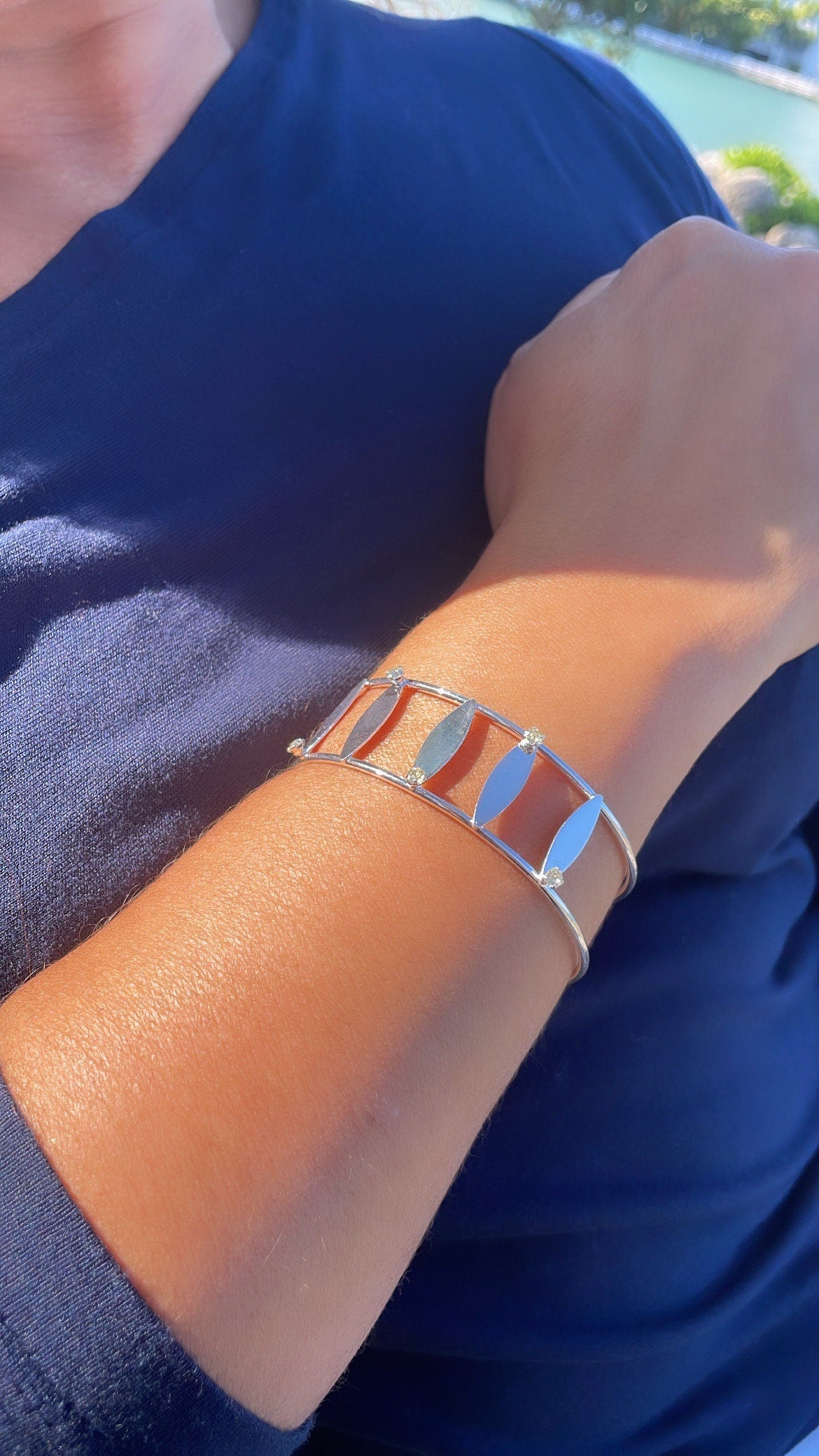 18k Silver Filled See Through Bangle Bracelet, Patterned With Silver Pieces & Zirconia