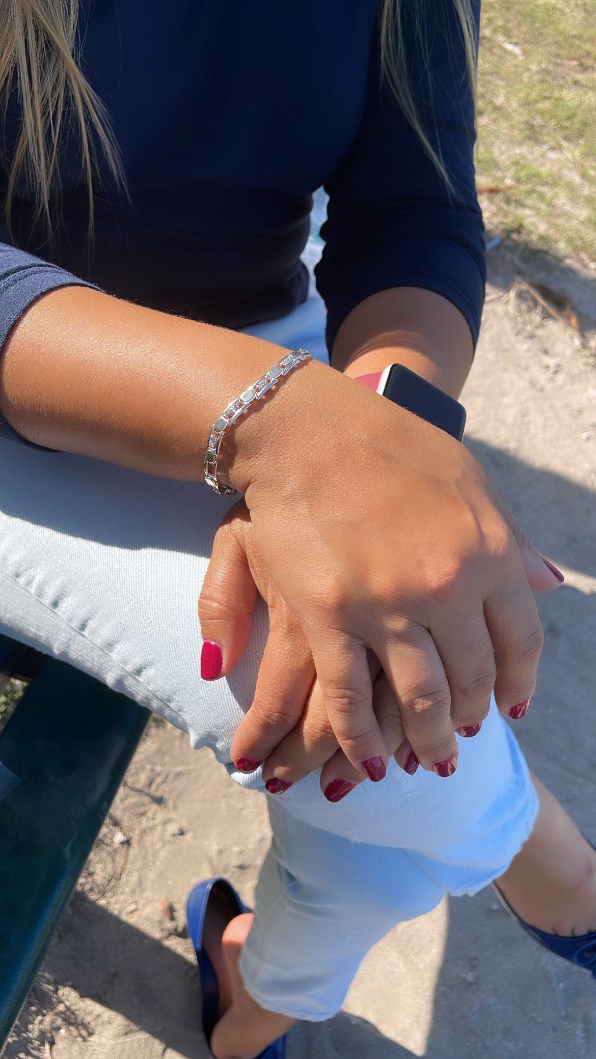 18k Silver Filled Link Bracelet Patterned With Zirconia