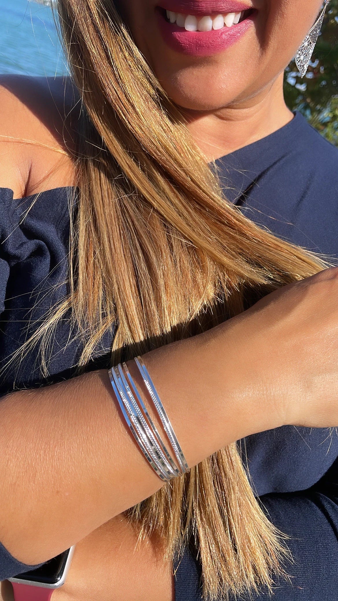 18k Silver Layered Silver Bangle Bracelet With Smooth and Textured Thin Layers