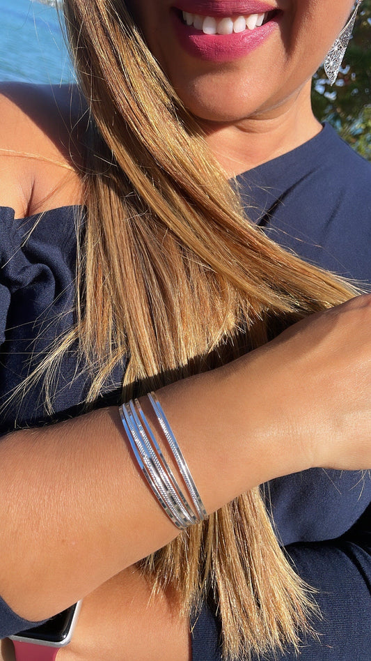 18k Silver Filled Silver Bangle Bracelet With Smooth and Textured Thin Layers