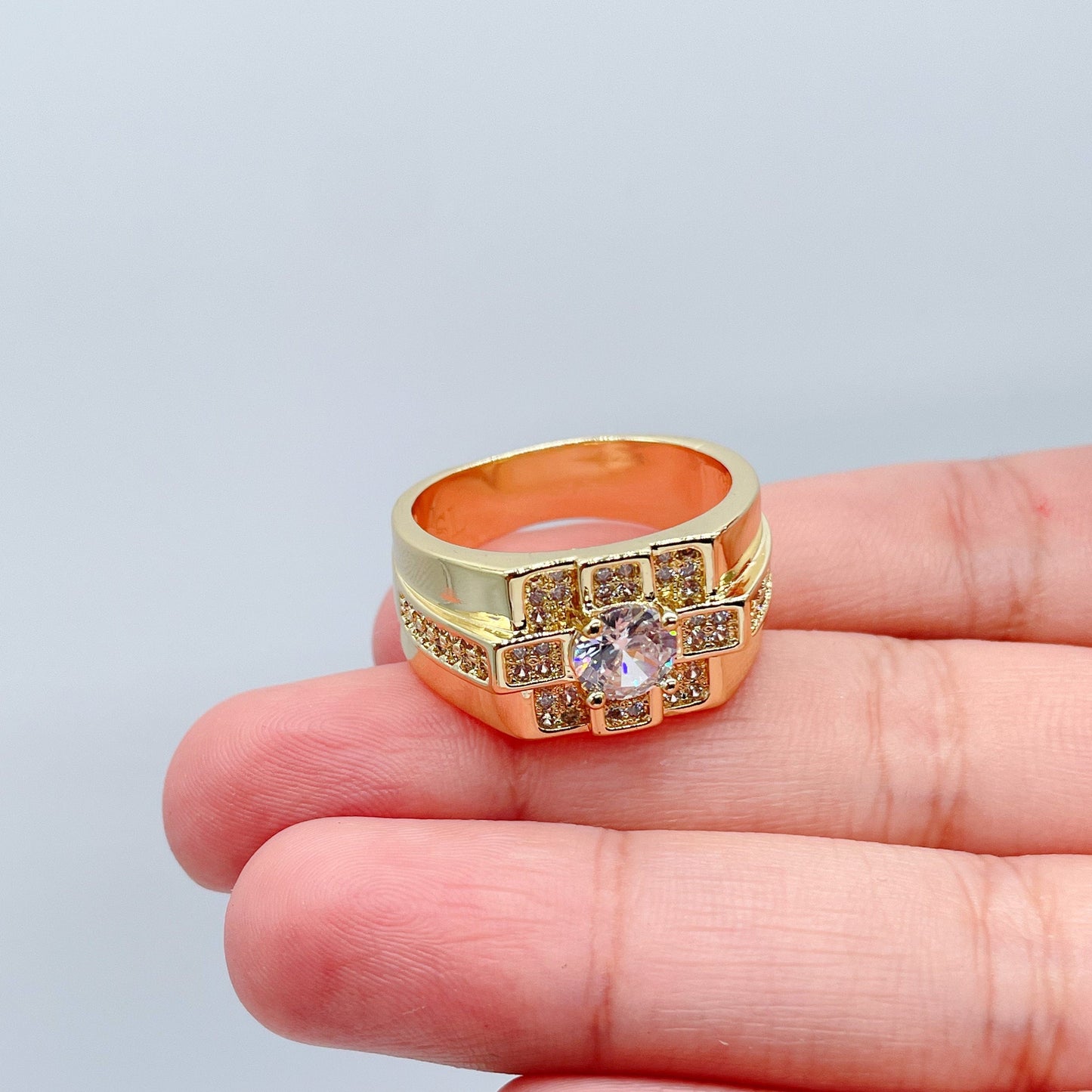 18k Gold Filled Cubic Patterned Mens Ring Featuring Diamond Cut Zircon Stone