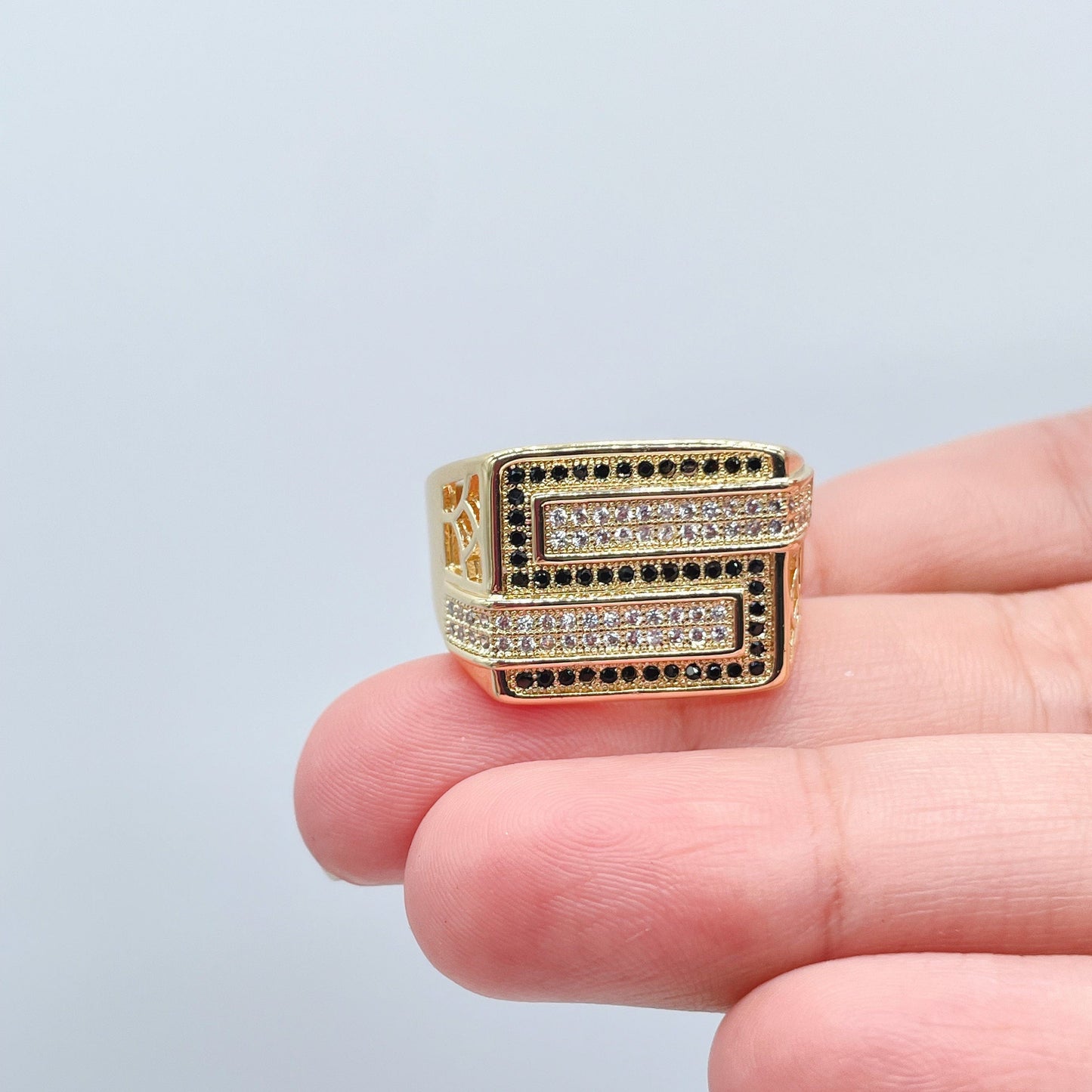 18k Gold Filled Mens Ring With White and Black Micro Zircon Stones