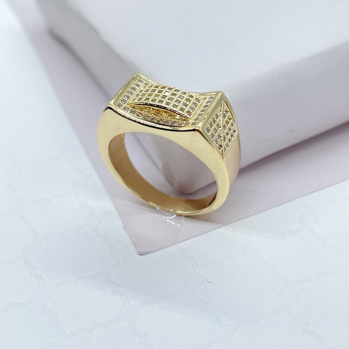 18k Gold Filled 3D Geometric Ring With Pave Zircon Stones