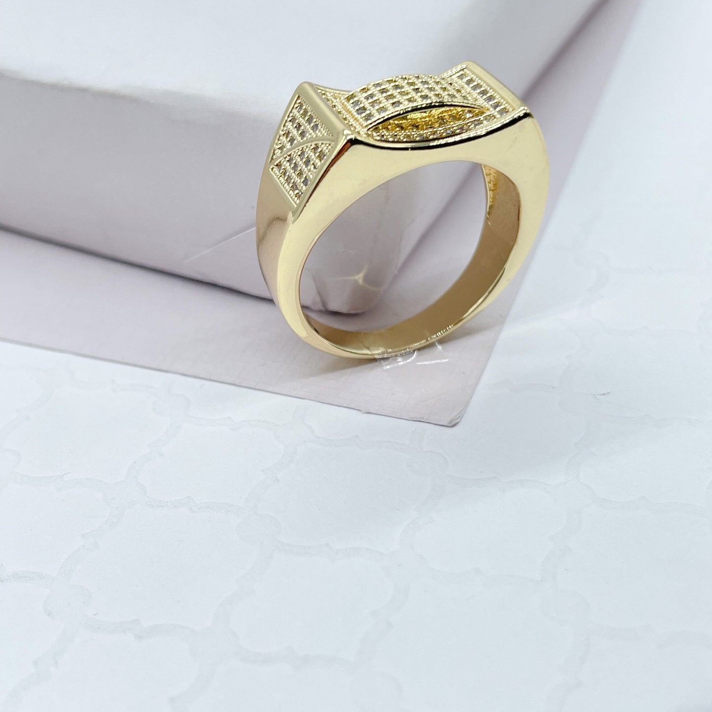18k Gold Filled 3D Geometric Ring With Pave Zircon Stones