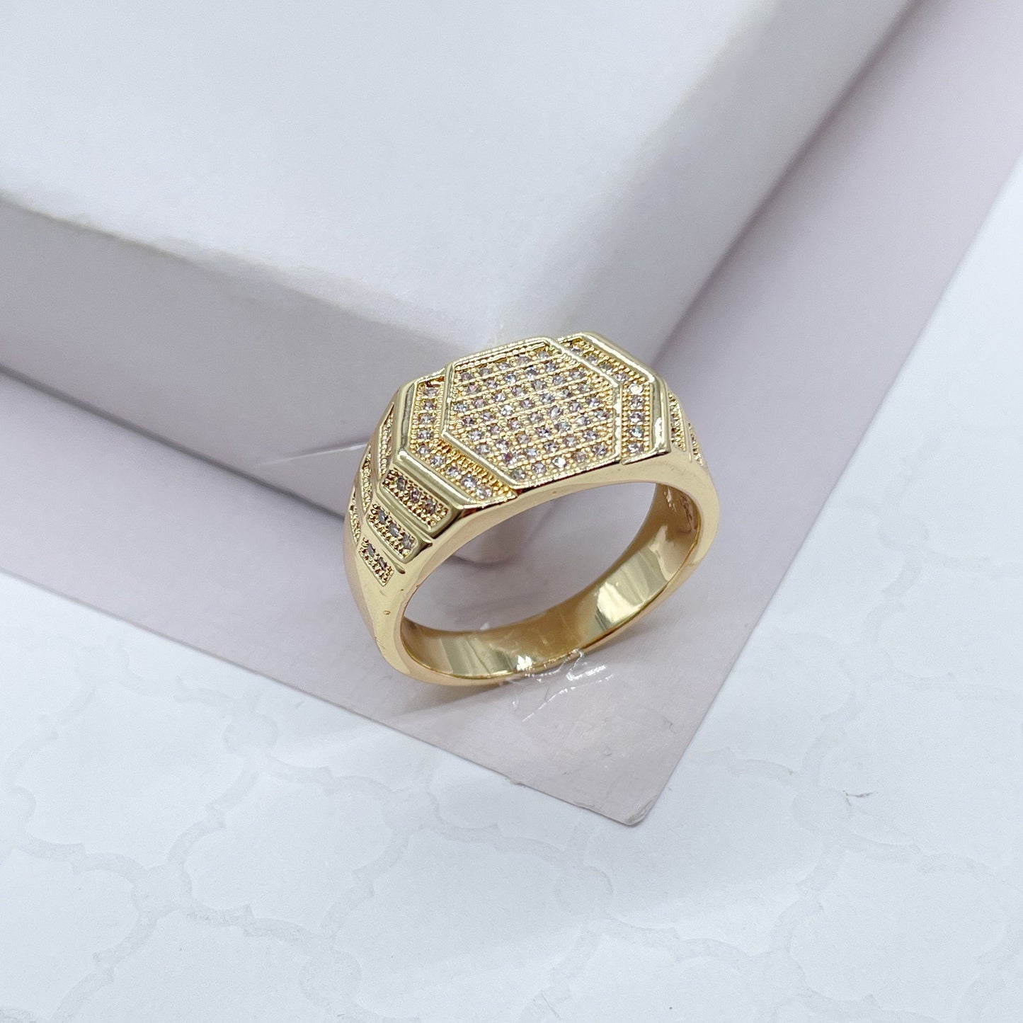 18k Gold Filled Hexagon Patterned Ring With Pave Stones