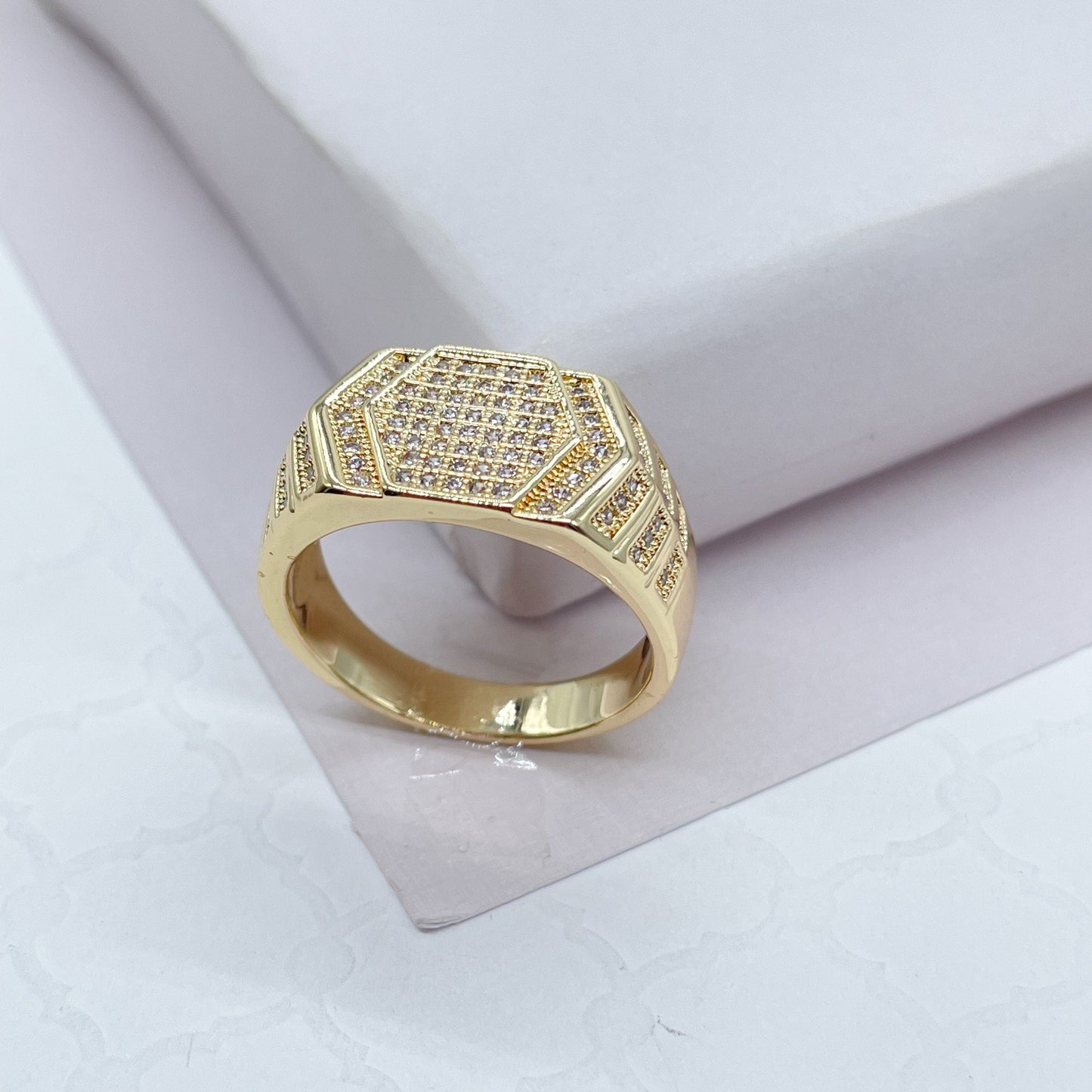 18k Gold Filled Hexagon Patterned Ring With Pave Stones