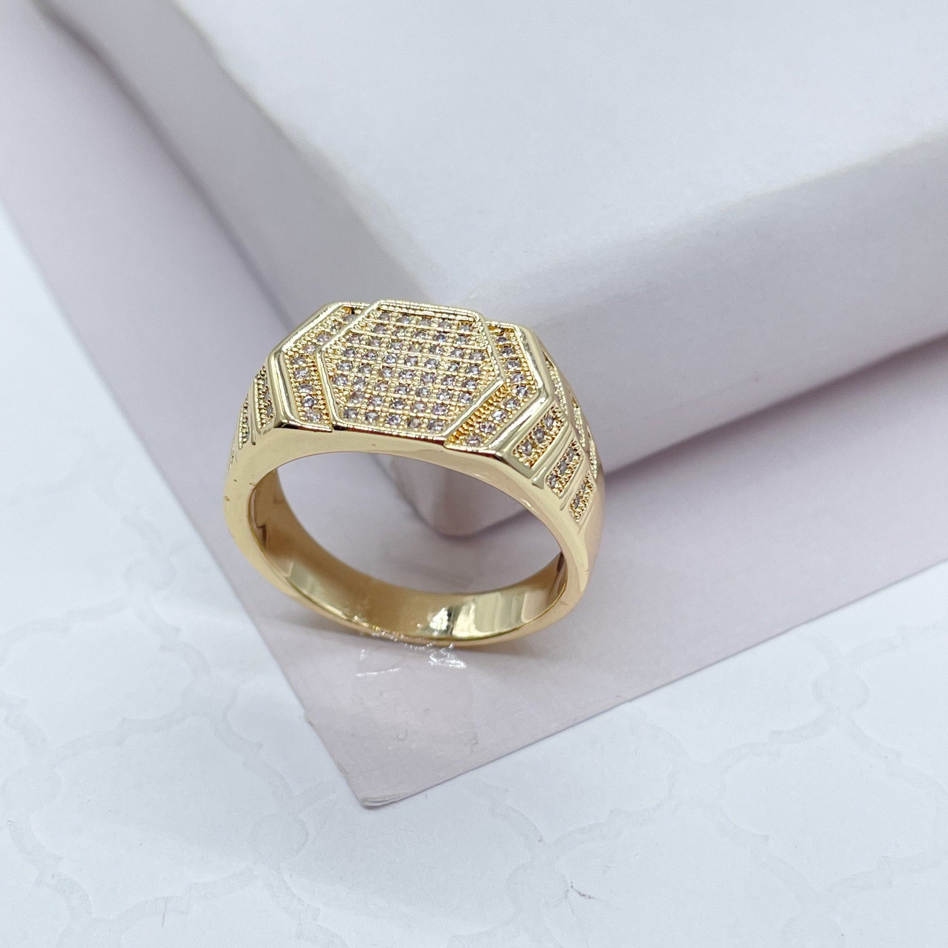 18k Gold Filled Hexagon Patterned Ring With Pave Stones