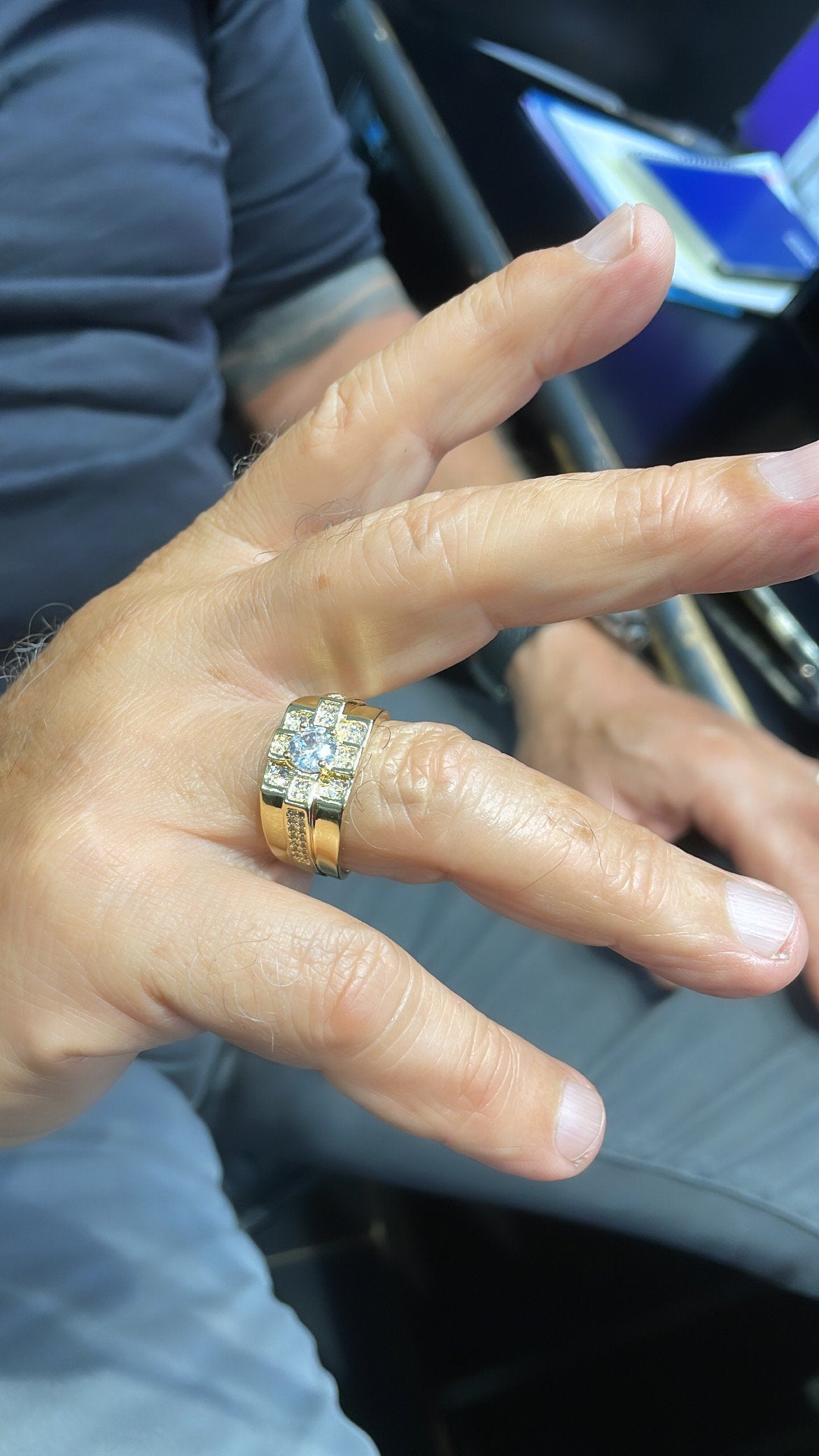 18k Gold Filled Cubic Patterned Mens Ring Featuring Diamond Cut Zircon Stone