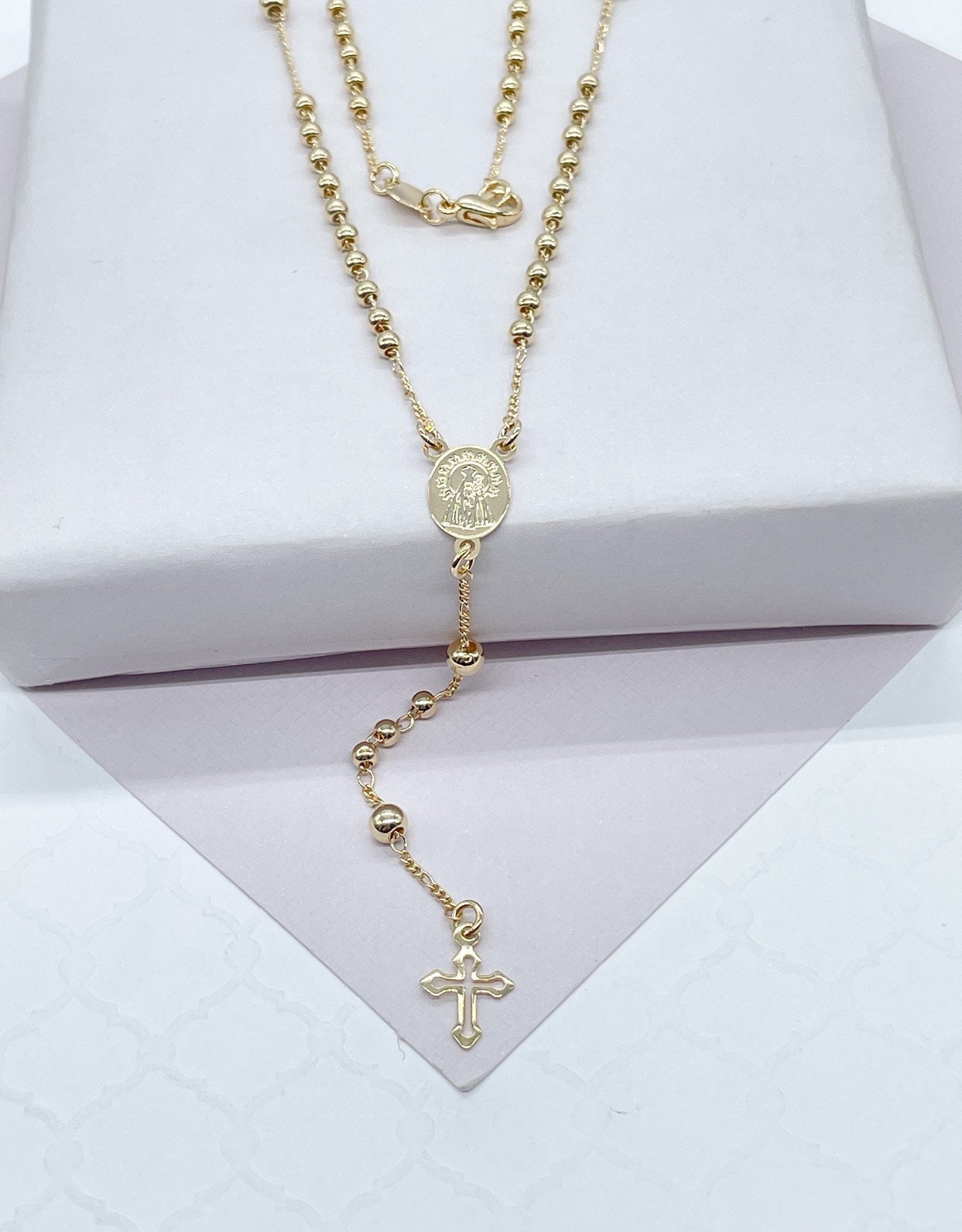 18k Gold Filled 3mm beaded Rosary with small round Virgin Mary Medal and Tiny cross
