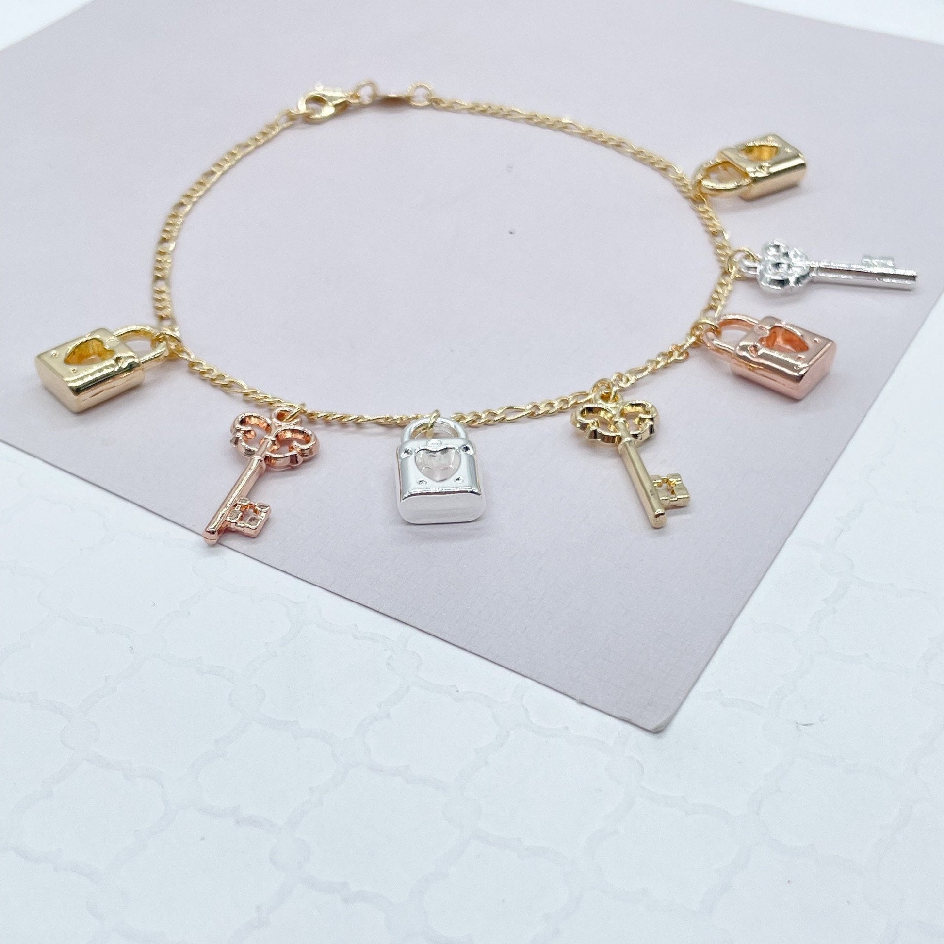 18k Gold Filled Tri-Color Lock & Key Charms Anklet