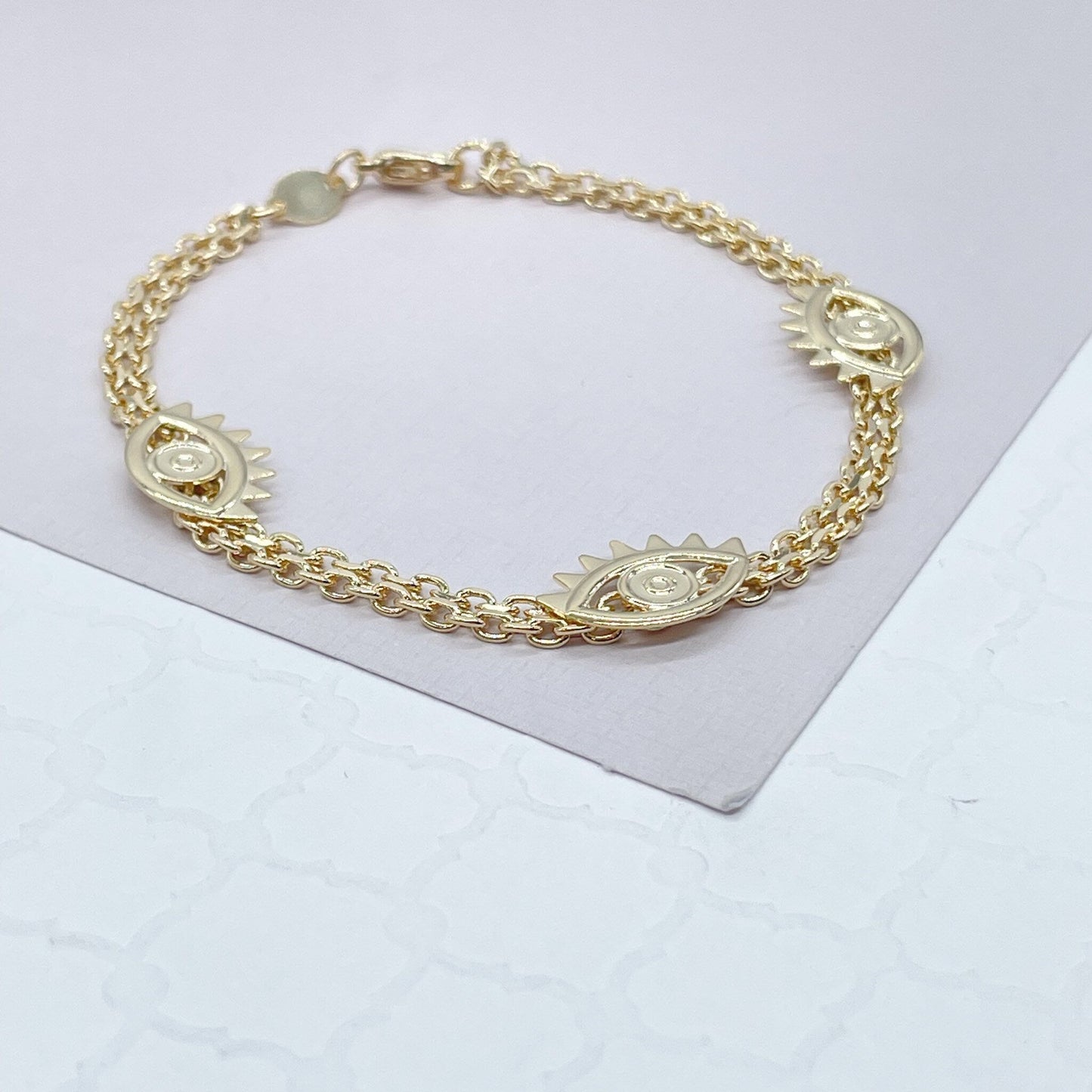 18k Gold Filled Bracelet with three plain Evil Eye Charms