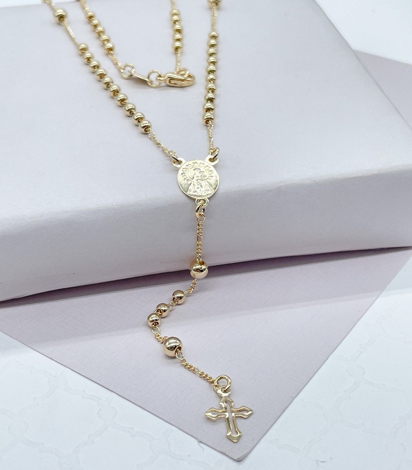 18k Gold Filled Rosary Necklace: Beaded Virgin Mary Medal, Tiny Cross