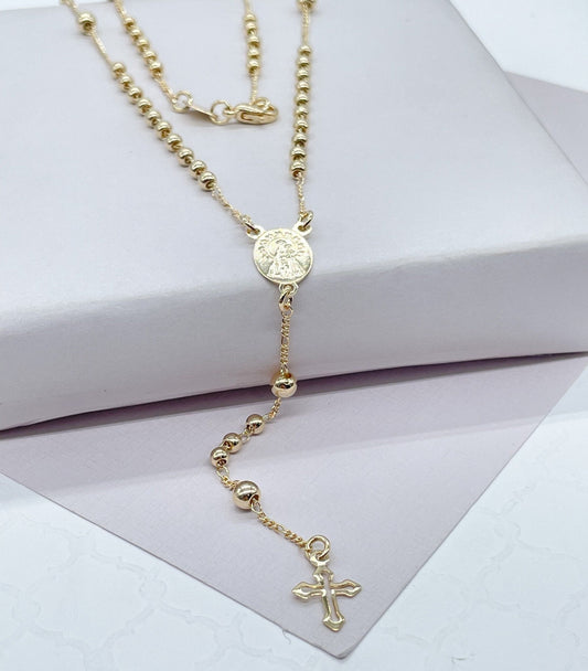 18k Gold Filled Rosary Necklace: Beaded Virgin Mary Medal, Tiny Cross