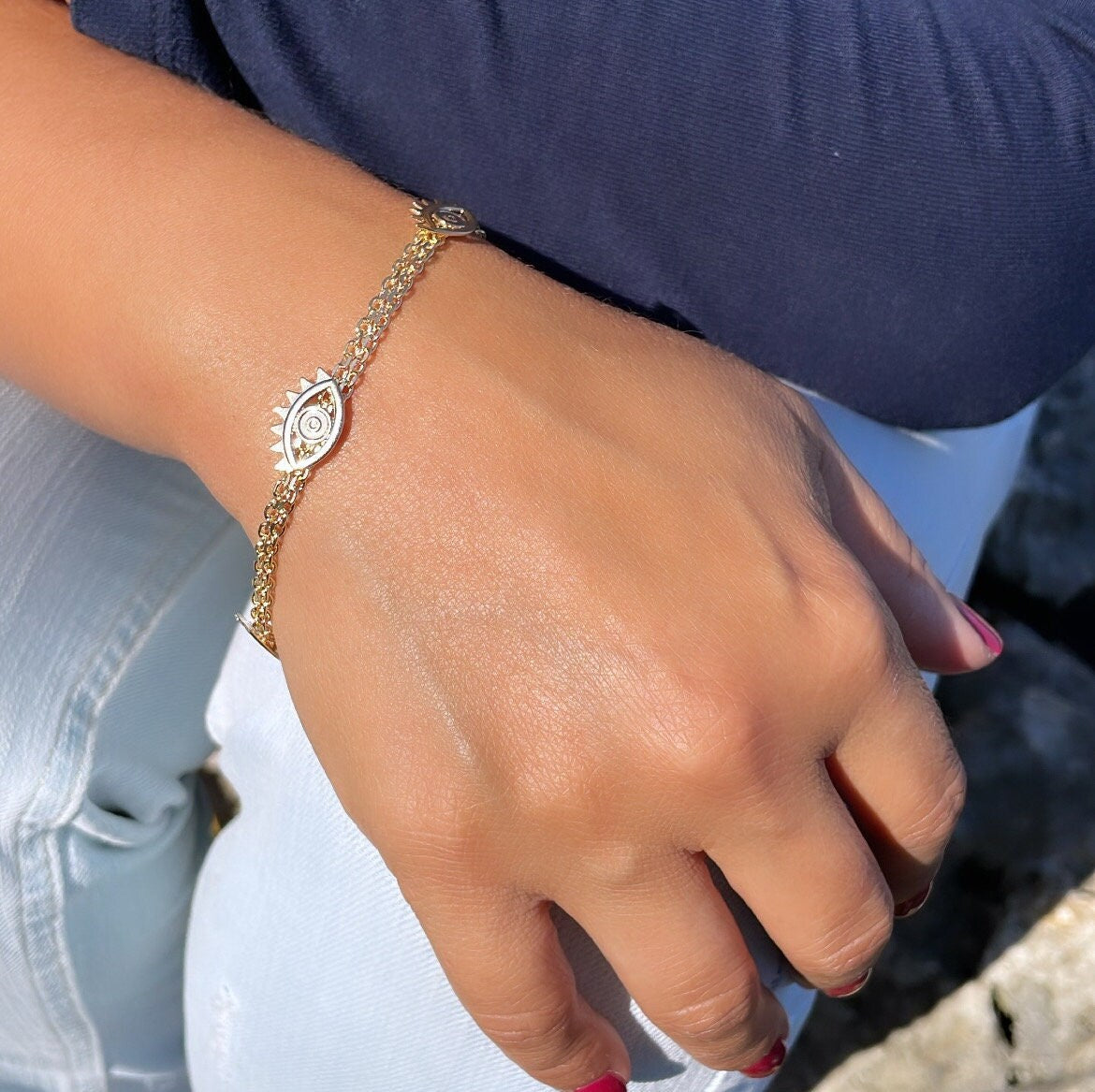 18k Gold Filled Bracelet with three plain Evil Eye Charms